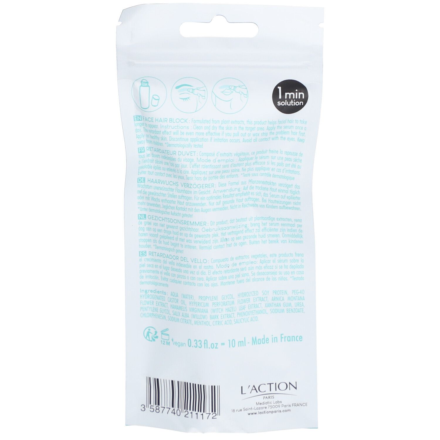 Rückseite der Serumverpackung. Text in mehreren Sprachen. Inhaltsstoffe und Herstellerinformationen.