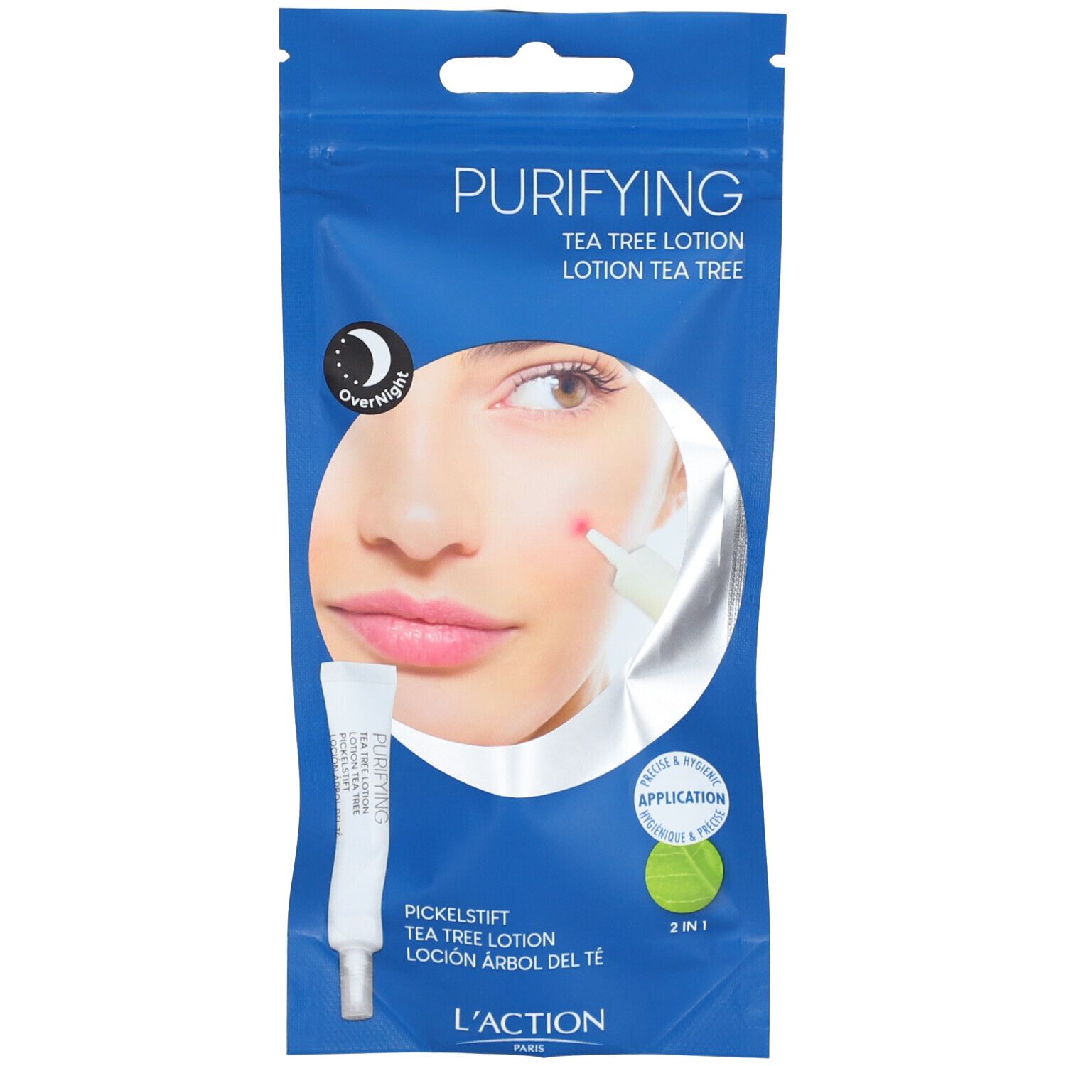 Klarer Beutel mit Produkt. Aufdruck: Gesicht, Pickelstift, "Purifying Tea Tree Lotion".