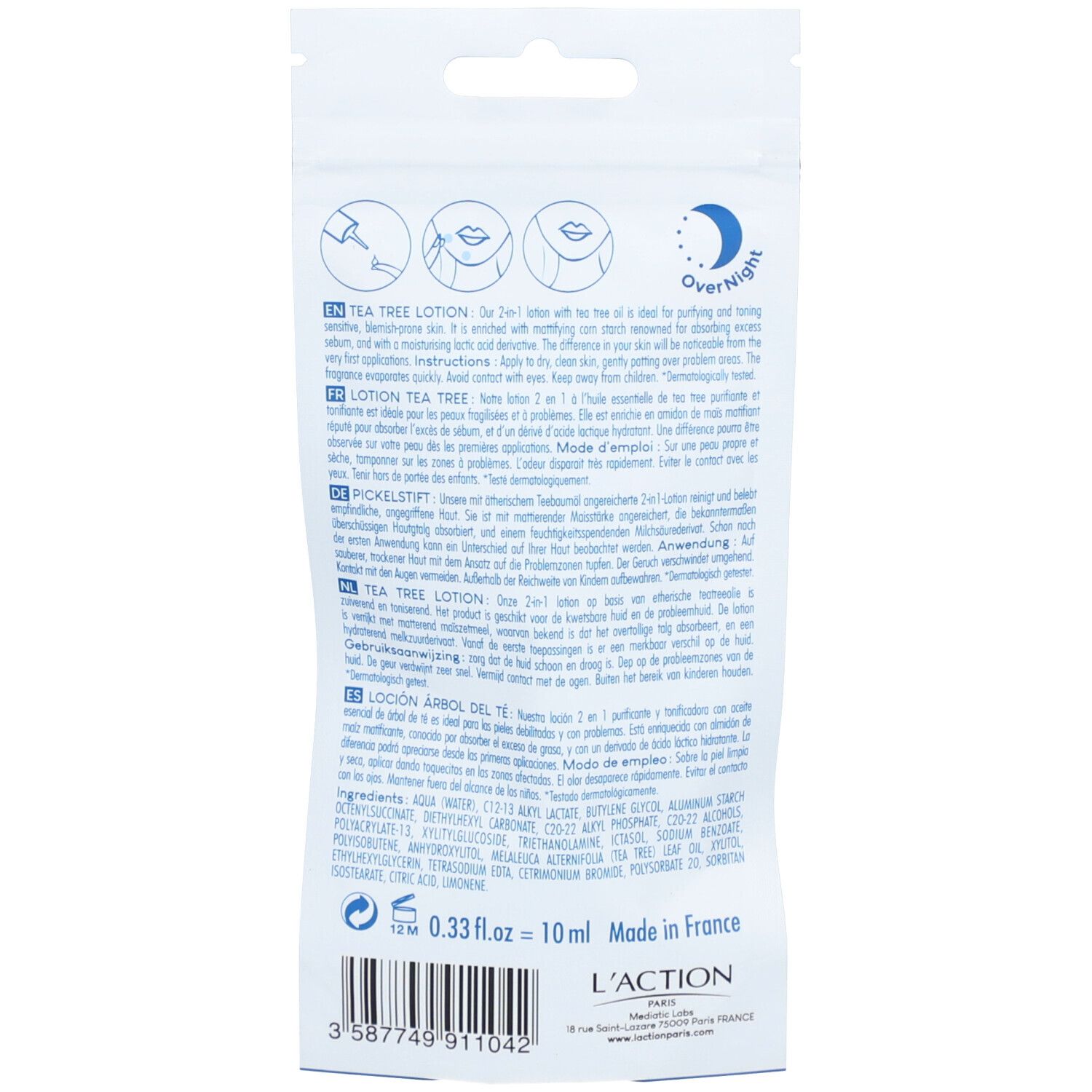 Rückseite des Beutels. Text in mehreren Sprachen. Produktname, Inhaltsstoffe, Gebrauchsanweisung.