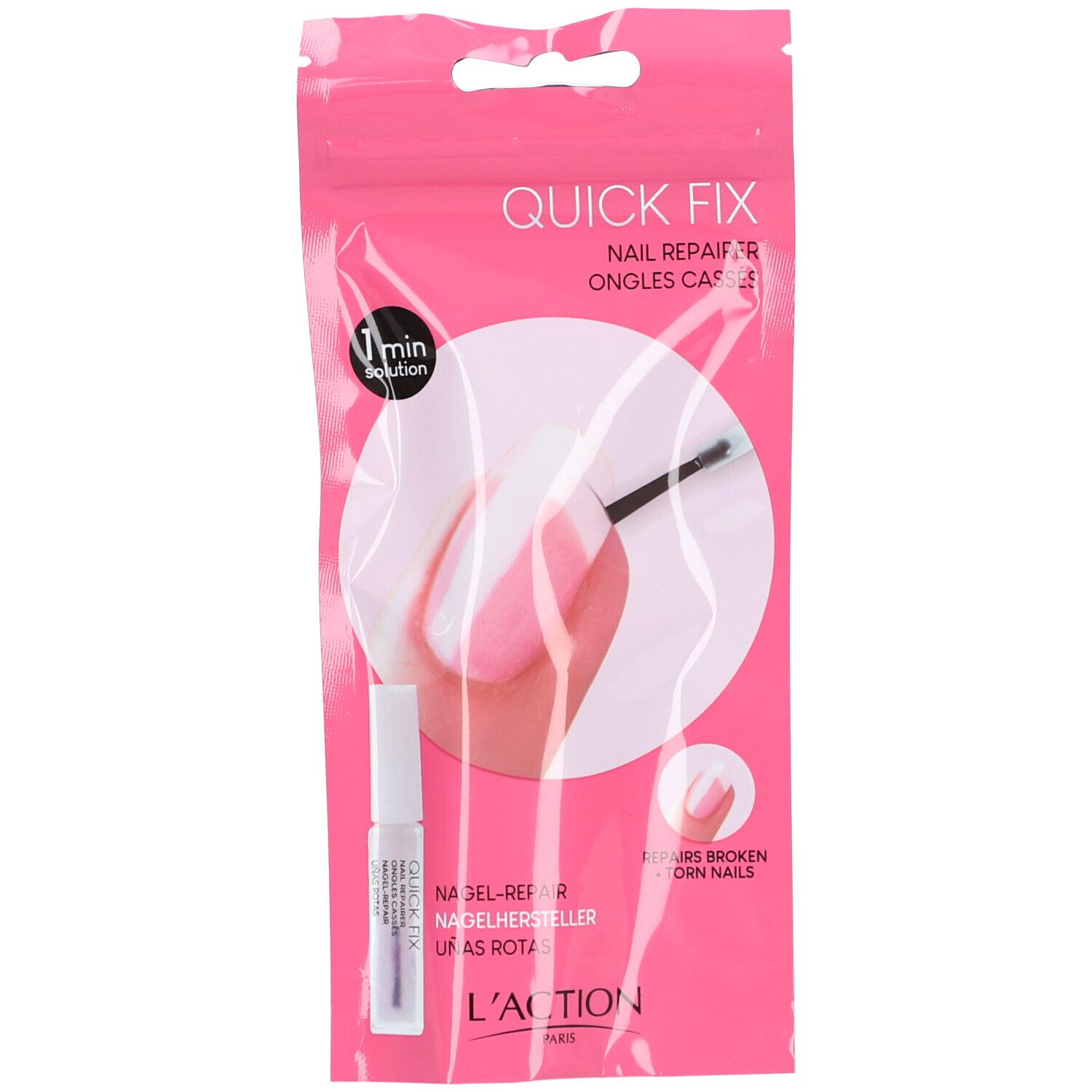 Emballage rose avec image produit et texte "Quick Fix". Flacon avec pinceau. Texte: Réparation des ongles.