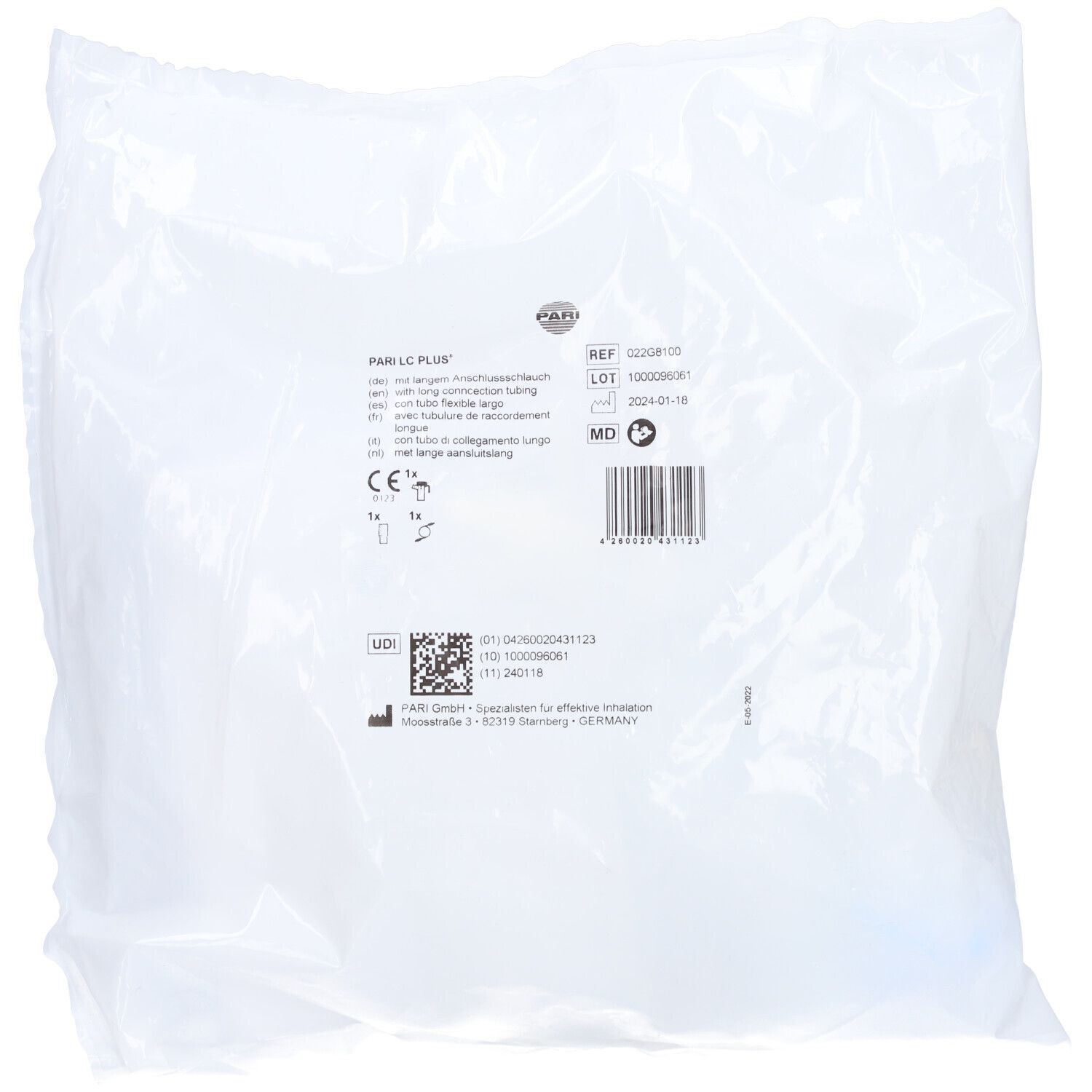 Emballage du nébuliseur PARI LC PLUS. Sac plastique transparent avec informations produit et marquage CE.