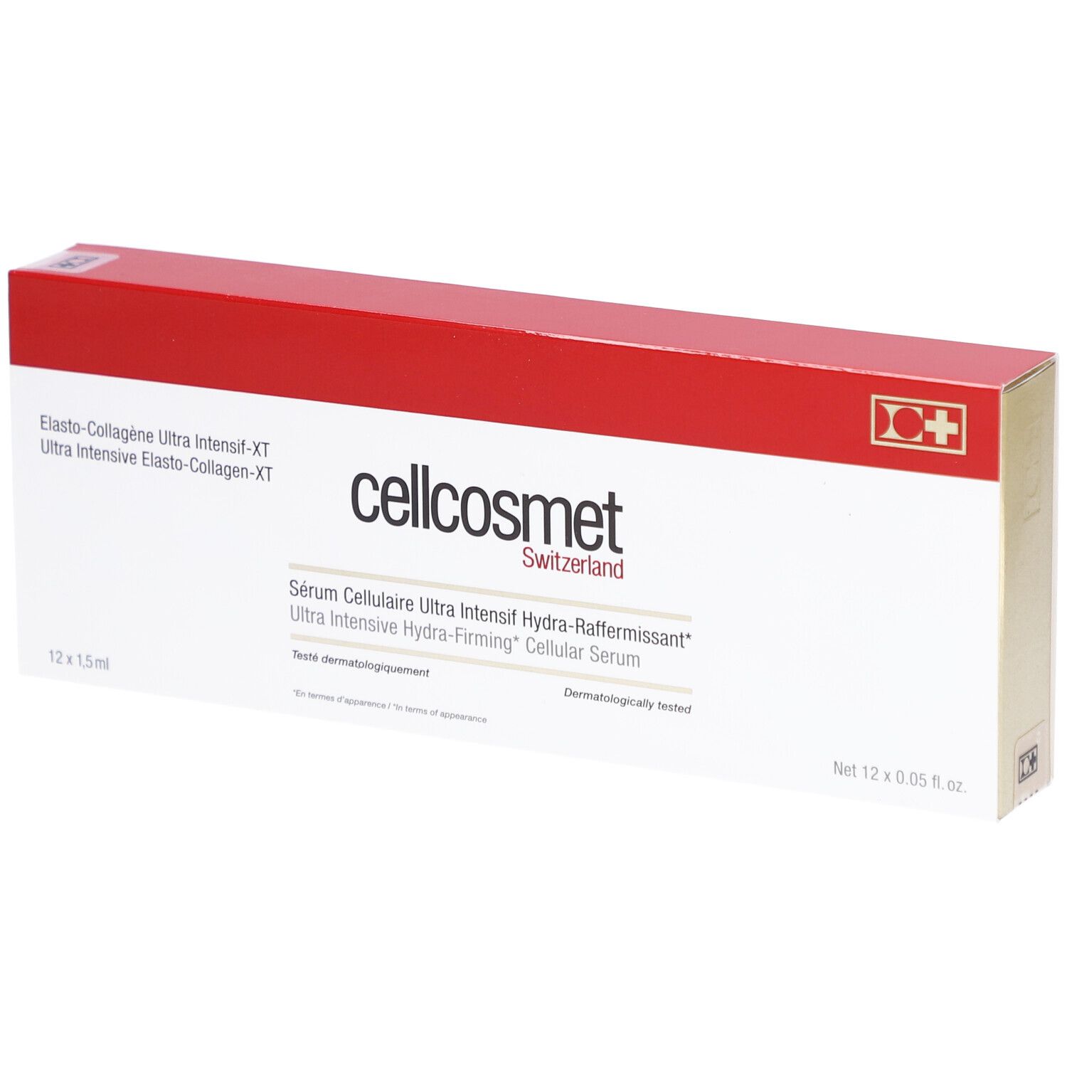 Weiße Schachtel mit rotem Deckel. Aufschrift: cellcosmet Switzerland. Produktname und Logo. 12 x 1,5 ml.