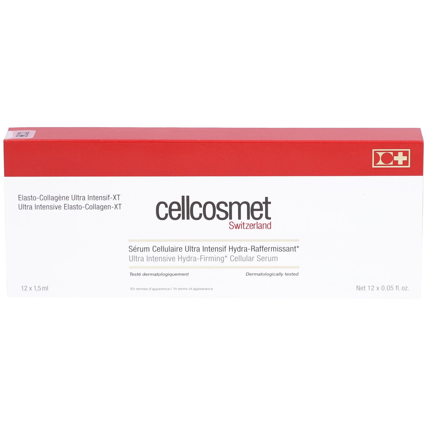 Weiße Schachtel mit rotem Deckel. Aufschrift: cellcosmet Switzerland. Produktname und Logo. 12 x 1,5 ml.
