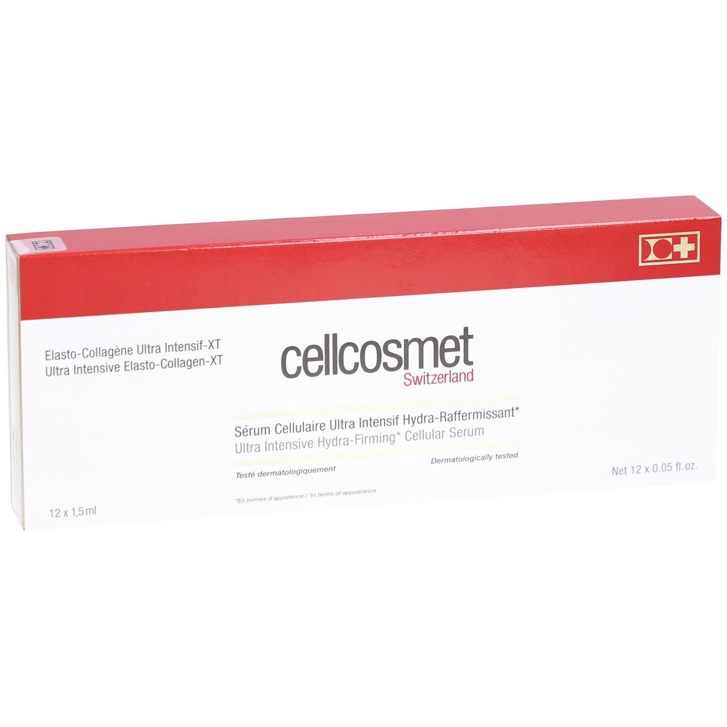 Weiße Schachtel mit rotem Deckel. Aufschrift: cellcosmet Switzerland. Produktname und Logo. 12 x 1,5 ml.