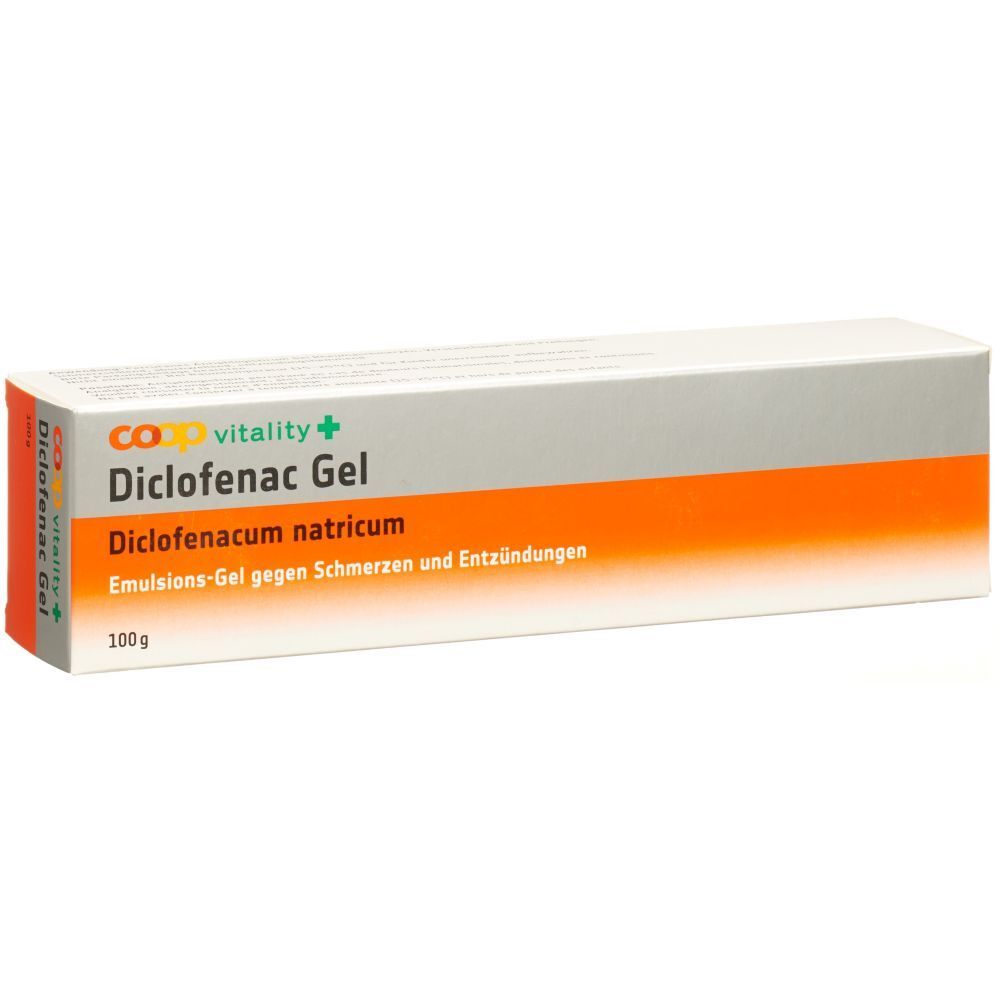 Verpackung von Diclofenac Gel. Weiß, orange und graue Schachtel. Aufschrift: Diclofenac Gel, Diclofenacum natricum, 100 g.