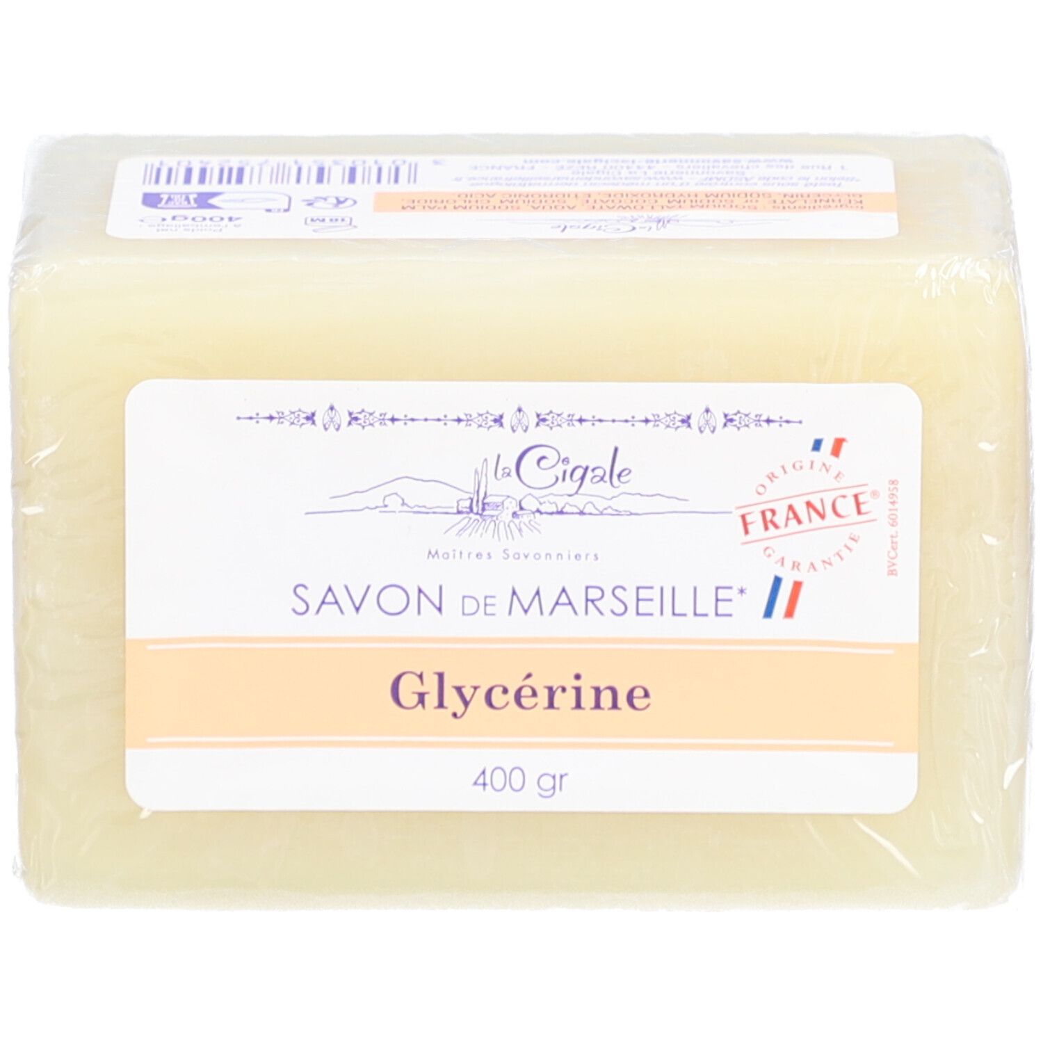 Rechteckige Seife in Folie. Aufkleber mit "LA CIGALE", "Savon de Marseille", "Glycérine" und "400 gr".