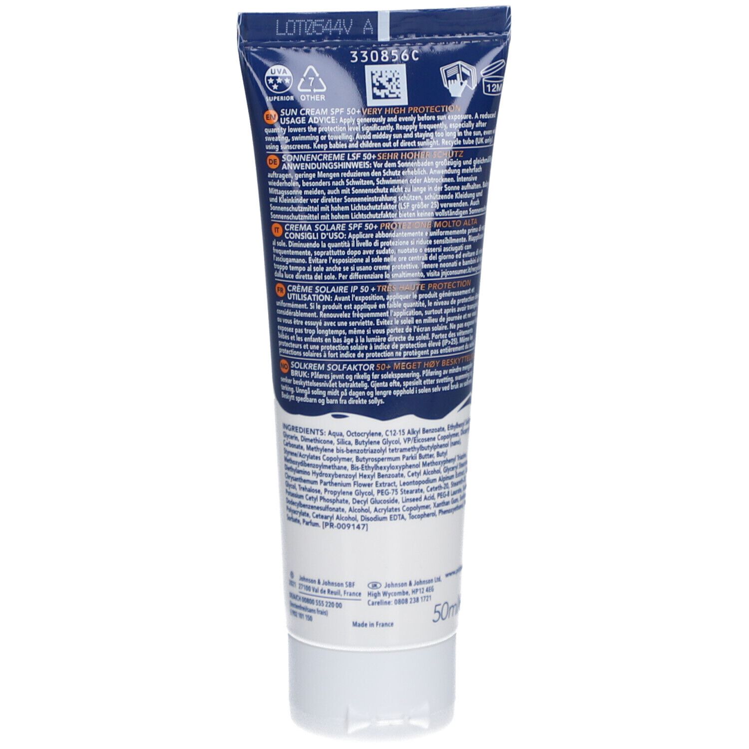 Rückseite der Tube. Text in mehreren Sprachen. Inhaltsstoffe. Logo von Johnson & Johnson. 50ml.