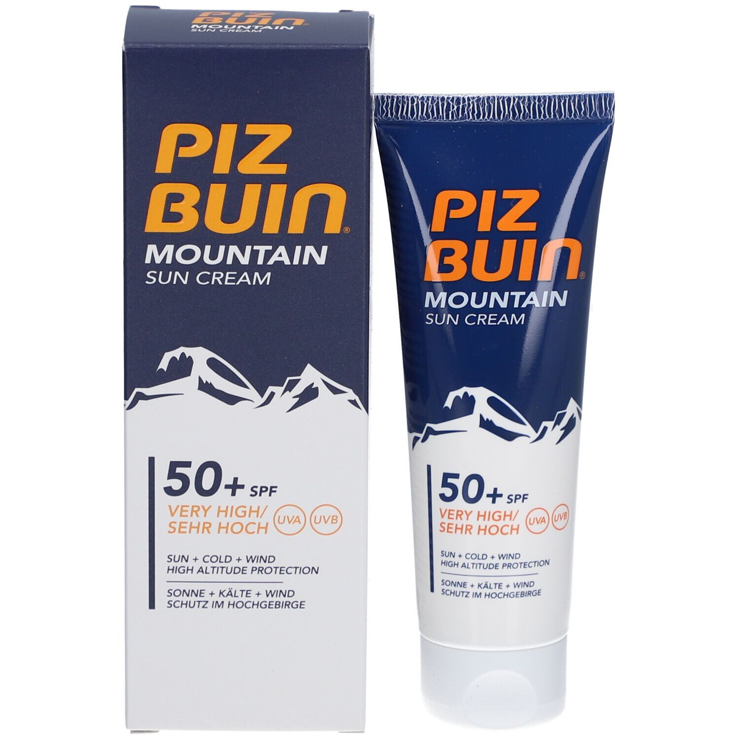 Produkt und Verpackung. Tube und Schachtel. Aufschrift: PIZ BUIN MOUNTAIN SUN CREAM. 50+ SPF. Berge-Grafik.