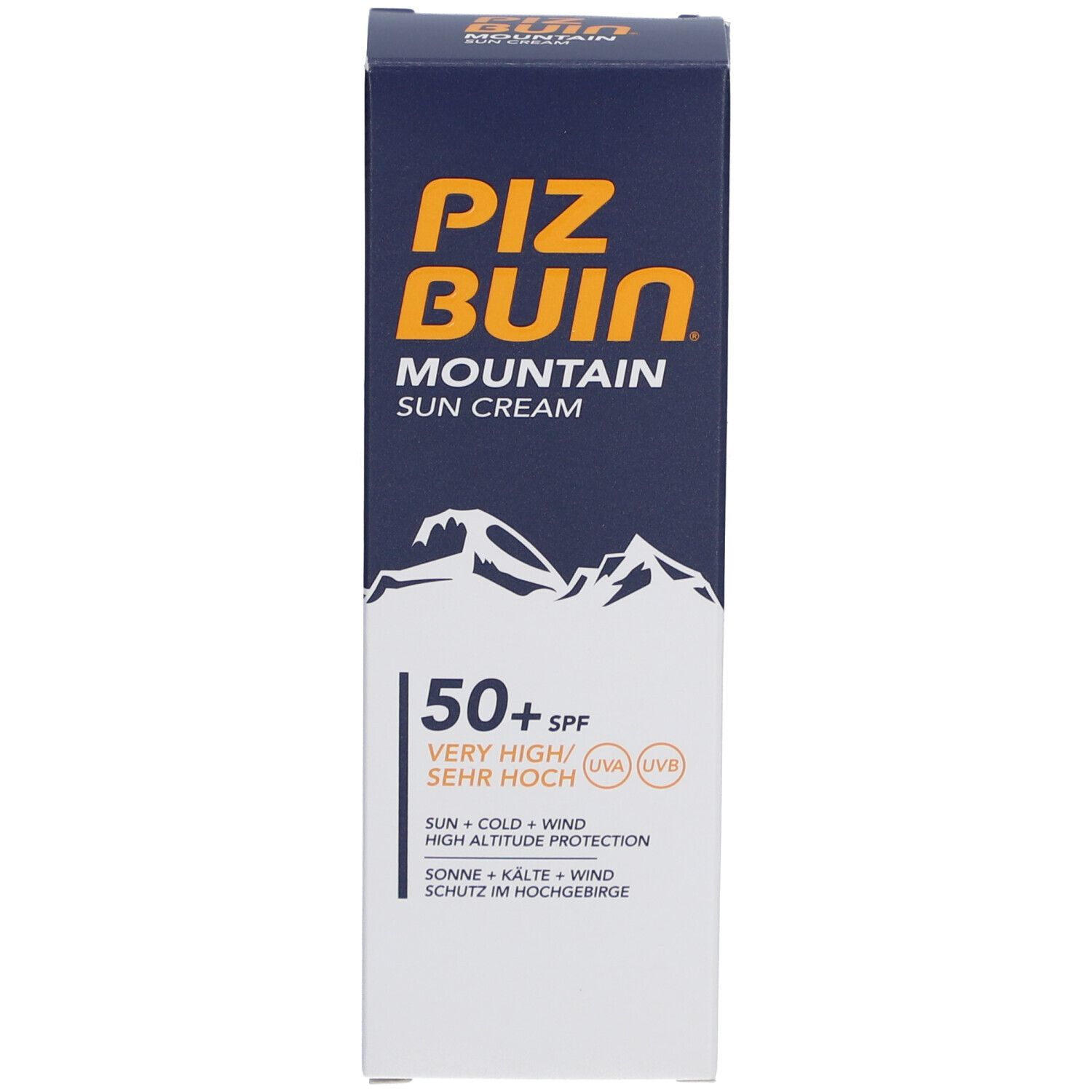 Schachtel. Aufschrift: PIZ BUIN MOUNTAIN SUN CREAM. 50+ SPF. Berge-Grafik. Text. UV-Schutz.