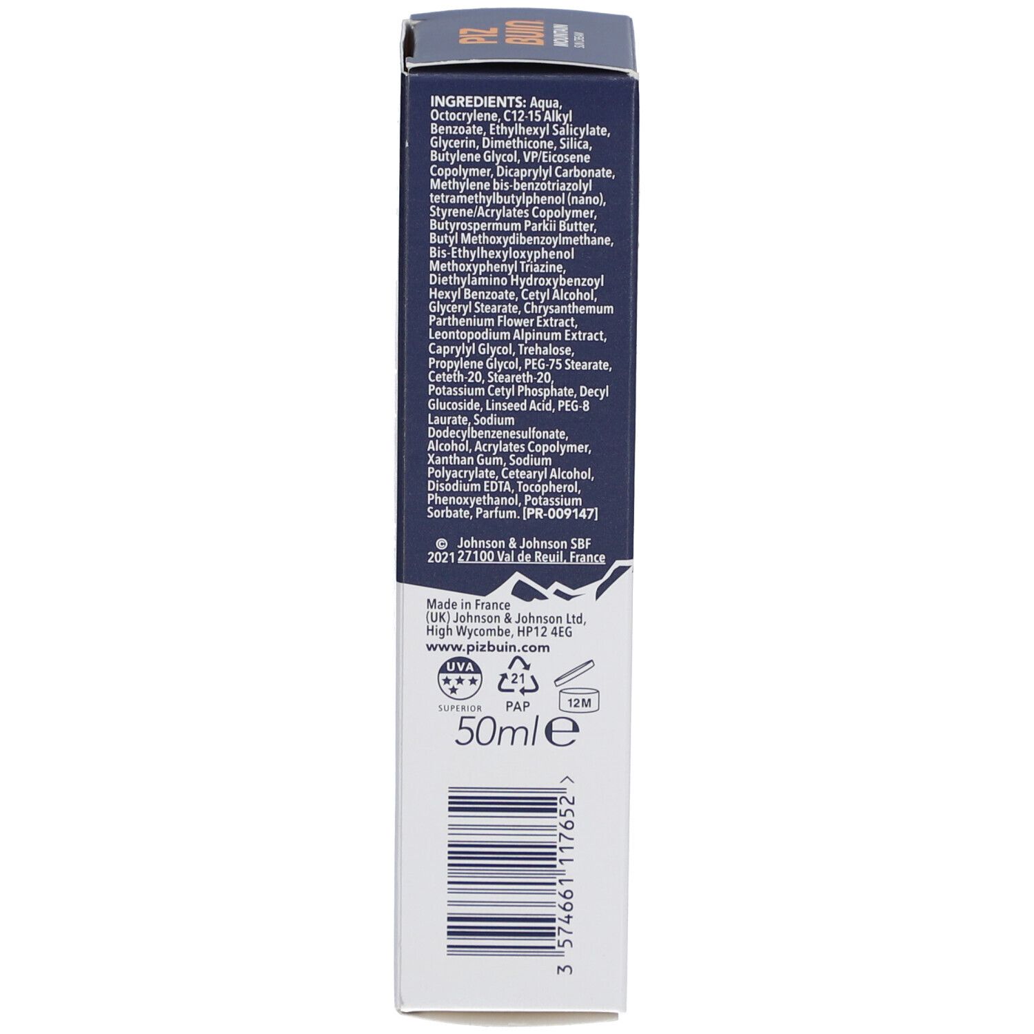 Rückseite der Schachtel. Inhaltsstoffe. Text. Logo von Johnson & Johnson. 50ml.
