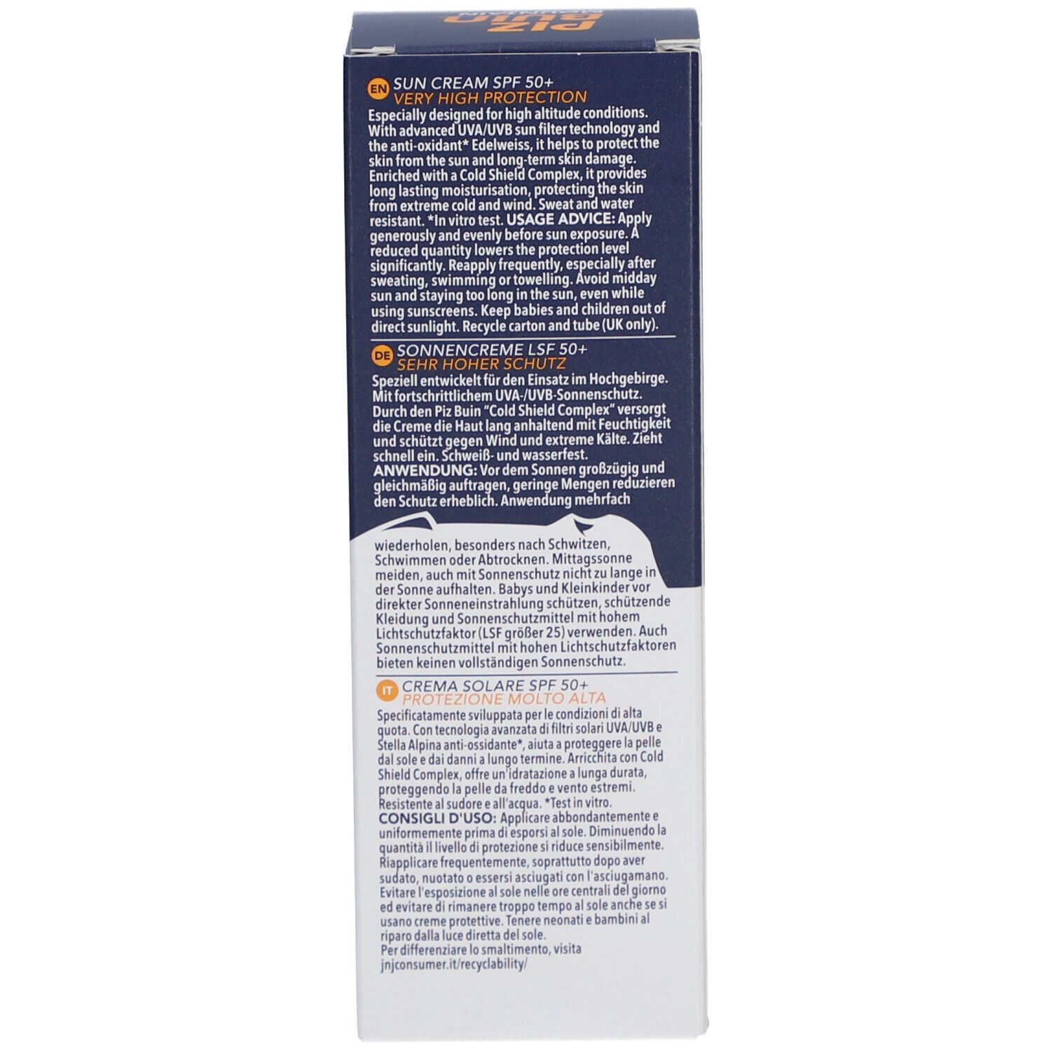 Seite der Schachtel. Text in mehreren Sprachen. Anwendungshinweise. UV-Schutz. 50+ SPF.