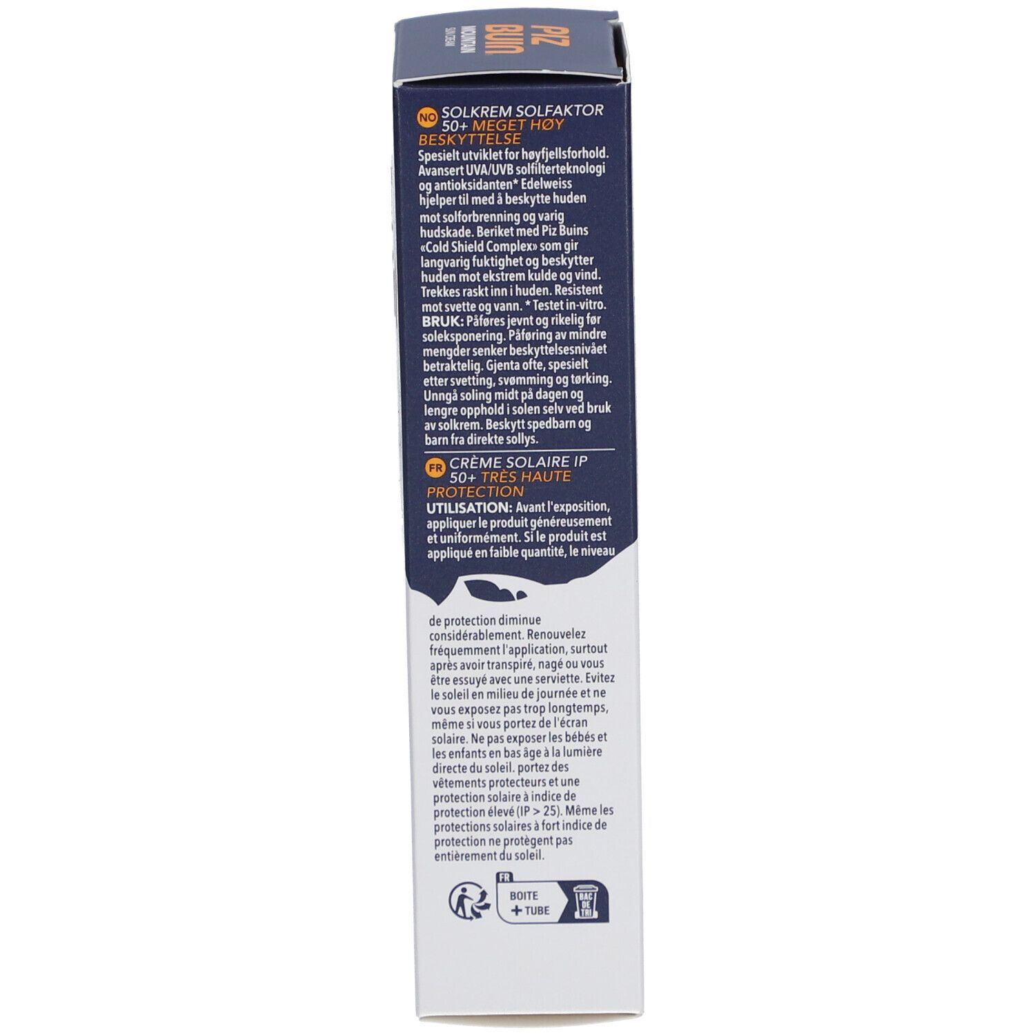 Seite der Schachtel. Text in mehreren Sprachen. Anwendungshinweise. UV-Schutz. 50+ SPF.