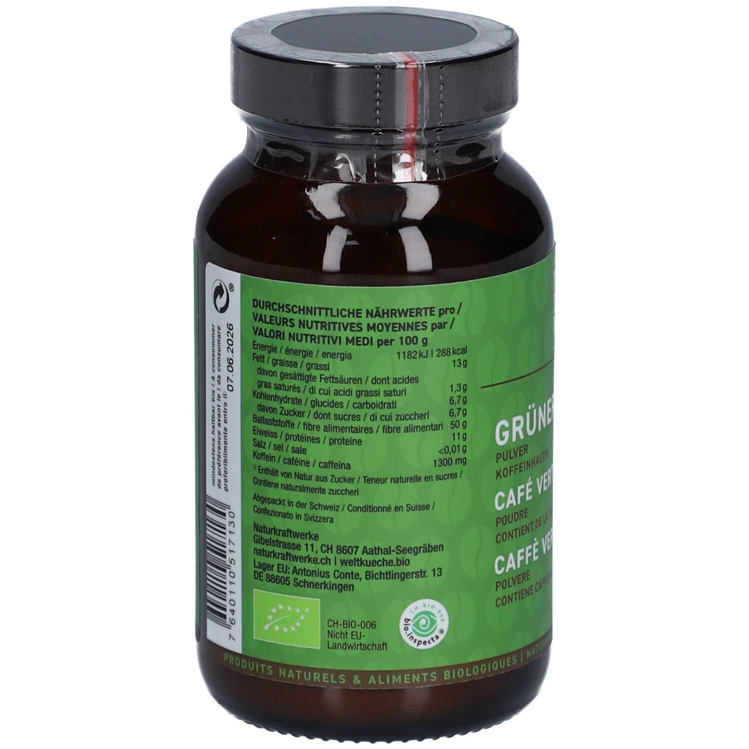 Dos du pot en verre brun. Étiquette verte avec informations nutritionnelles et autres. Date de péremption: 07.06.2026.