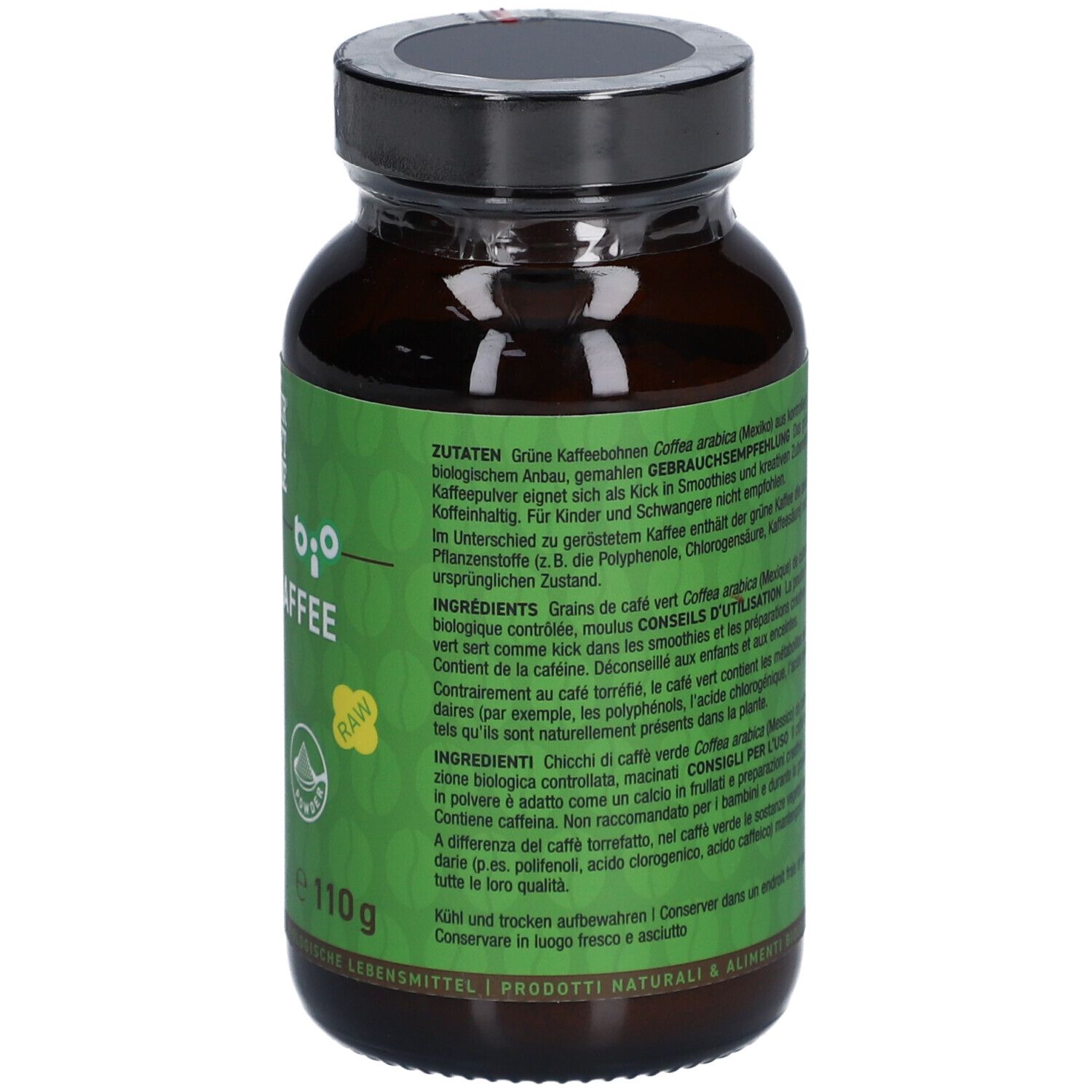 Pot en verre brun avec couvercle noir. Inscription: NATURKRAFTWERKE Bio-Grünkaffeepulver. Étiquette verte avec informations et ingrédients.