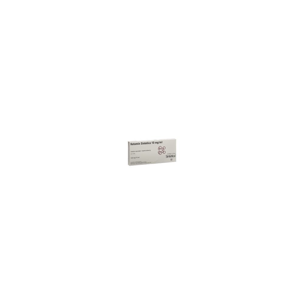 Kartonverpackung mit Produktinformationen. Beschriftung: Ketamin Sintetica 10 mg/ml. Logo von Sintetica.