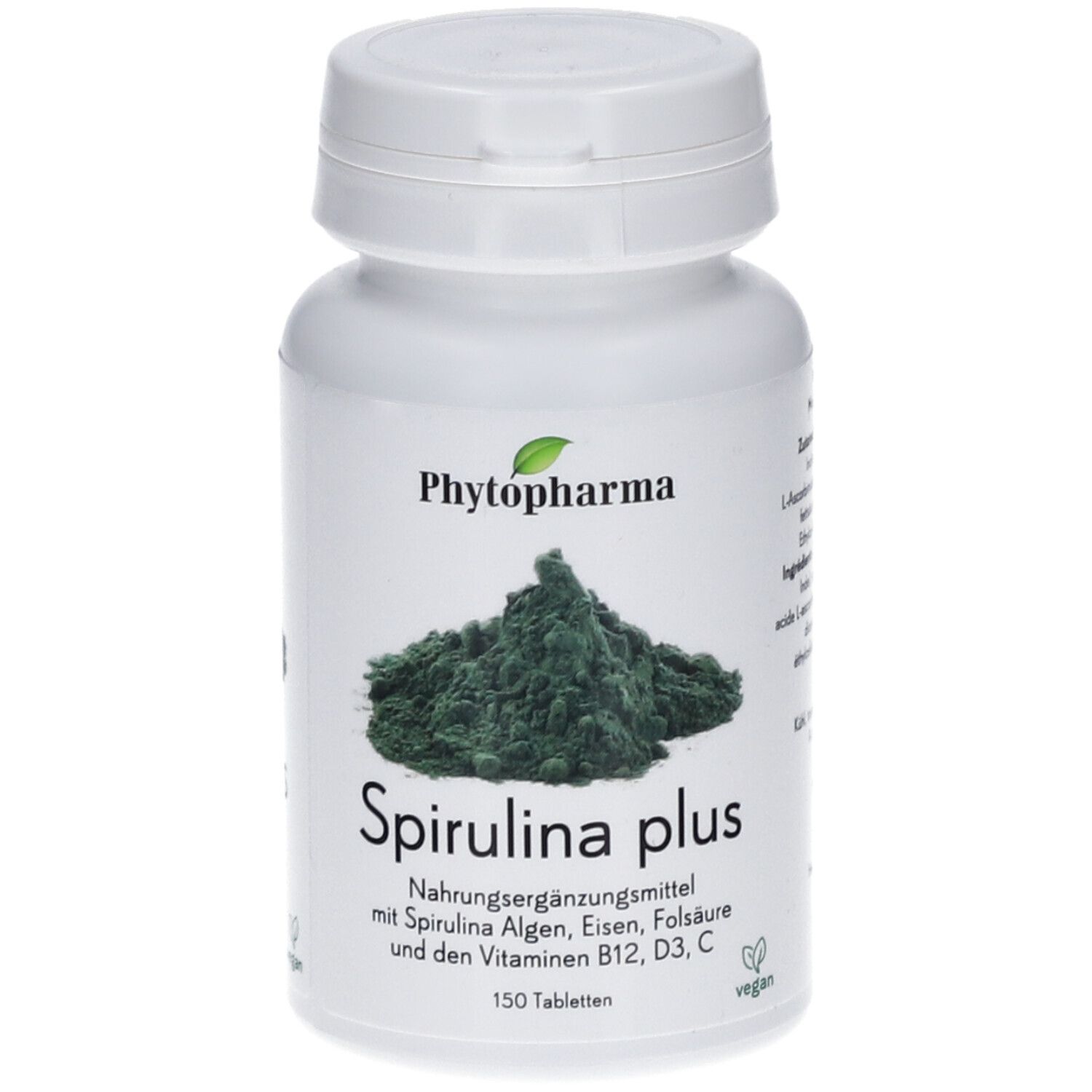 Weiße Flasche mit Spirulina plus. Aufschrift: Phyotpharma, Spirulina plus, 150 Tabletten, vegan.