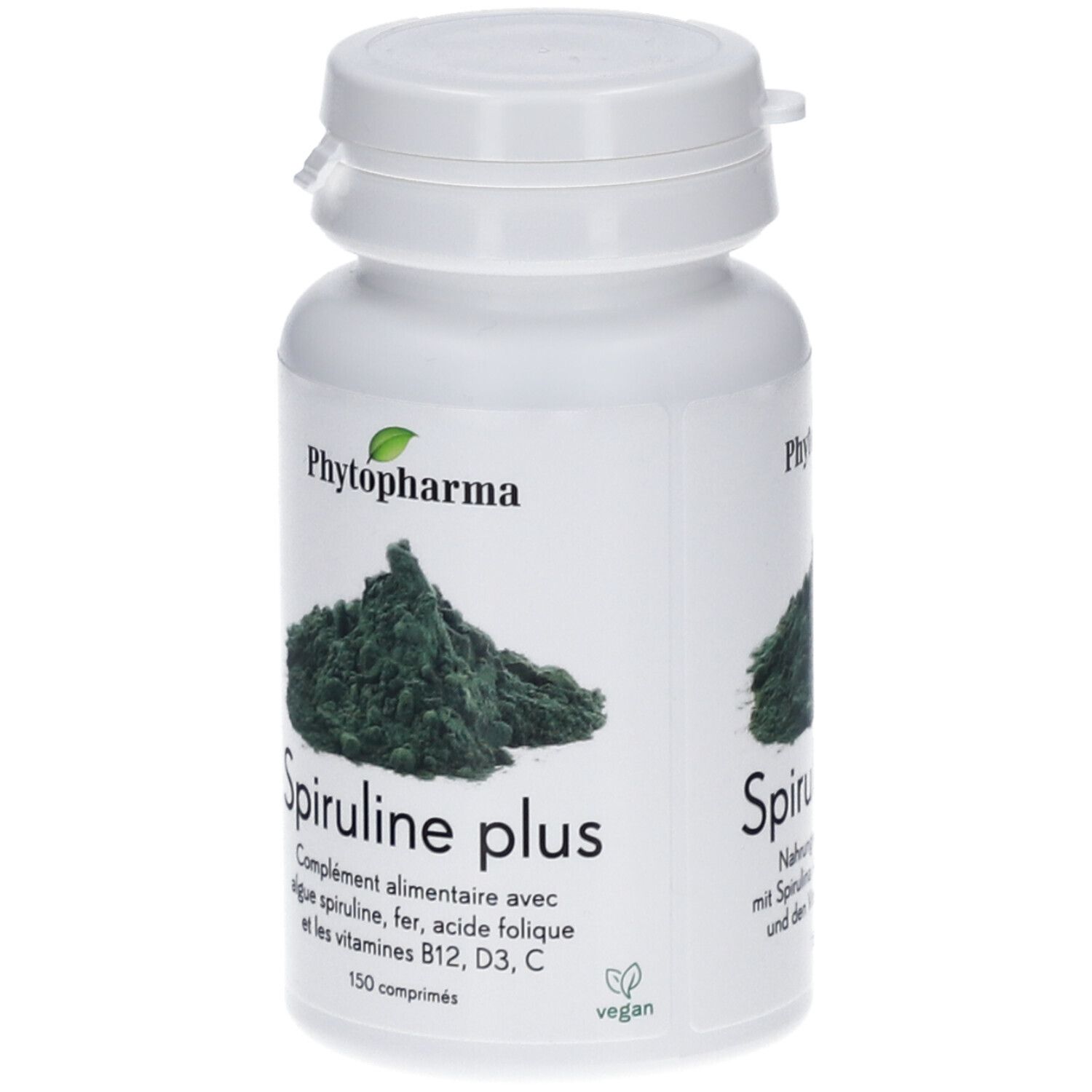 Weiße Flasche mit Spirulina plus. Aufschrift: Phyotpharma, Spiruline plus, 150 comprimés, vegan.
