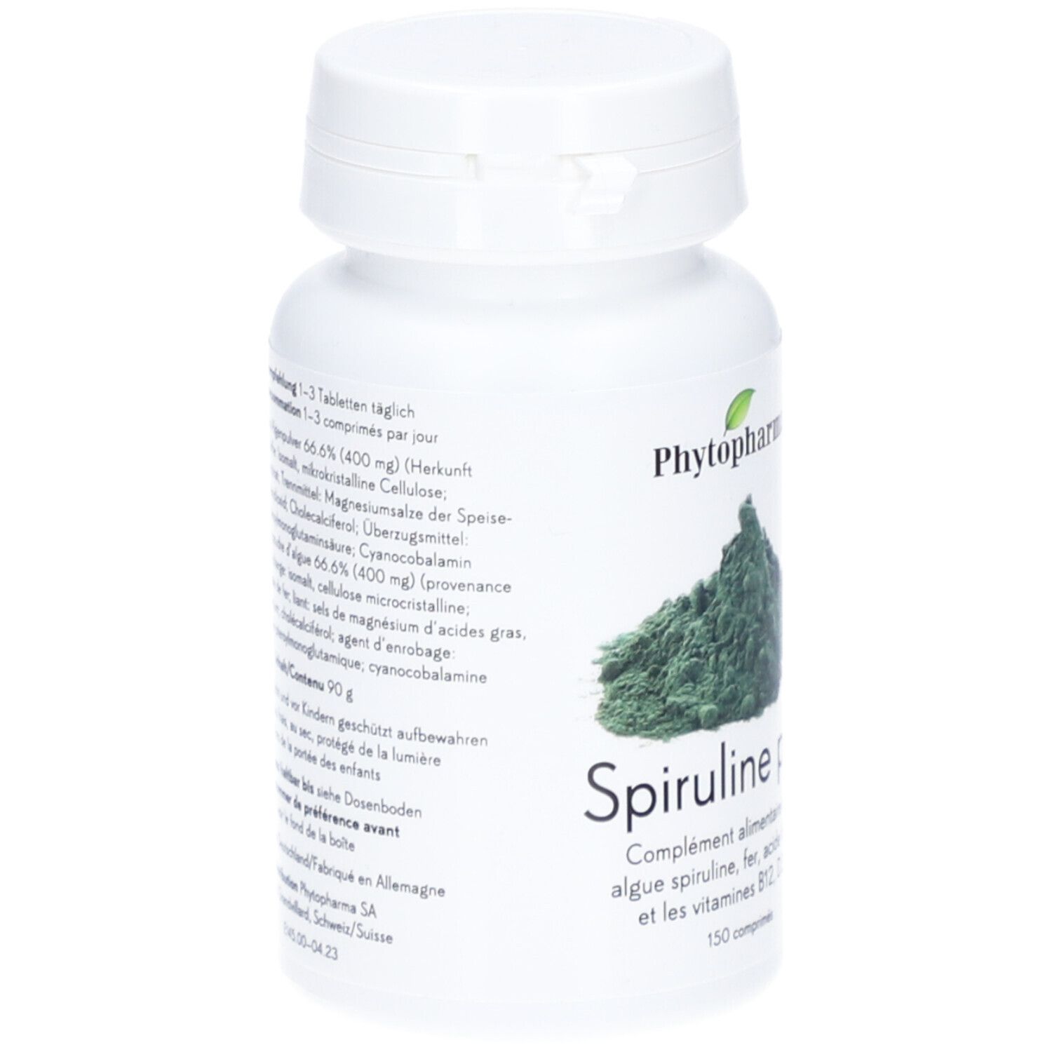Weiße Flasche mit Spirulina plus. Aufschrift: Phyotpharma, Spiruline plus, 150 comprimés, vegan.