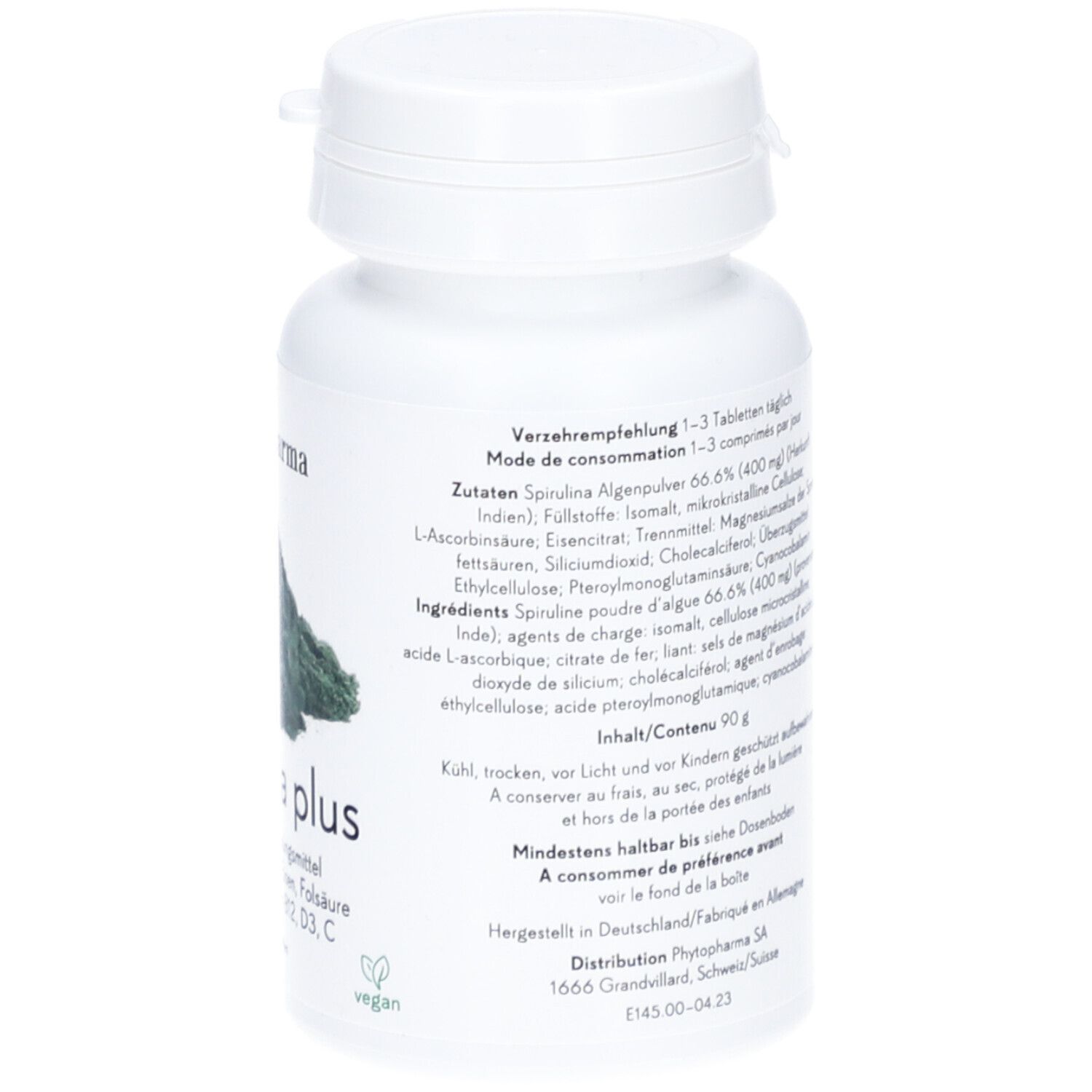 Weiße Flasche mit Spirulina plus. Aufschrift: Phyotpharma, Spiruline plus, 150 comprimés, vegan.