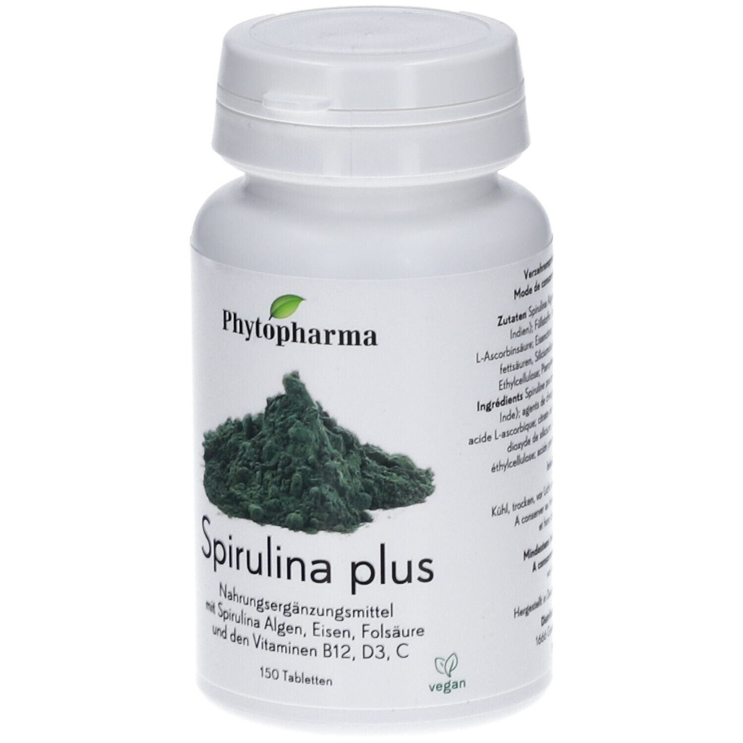 Weiße Flasche mit Spirulina plus. Aufschrift: Phyotpharma, Spirulina plus, 150 Tabletten, vegan.