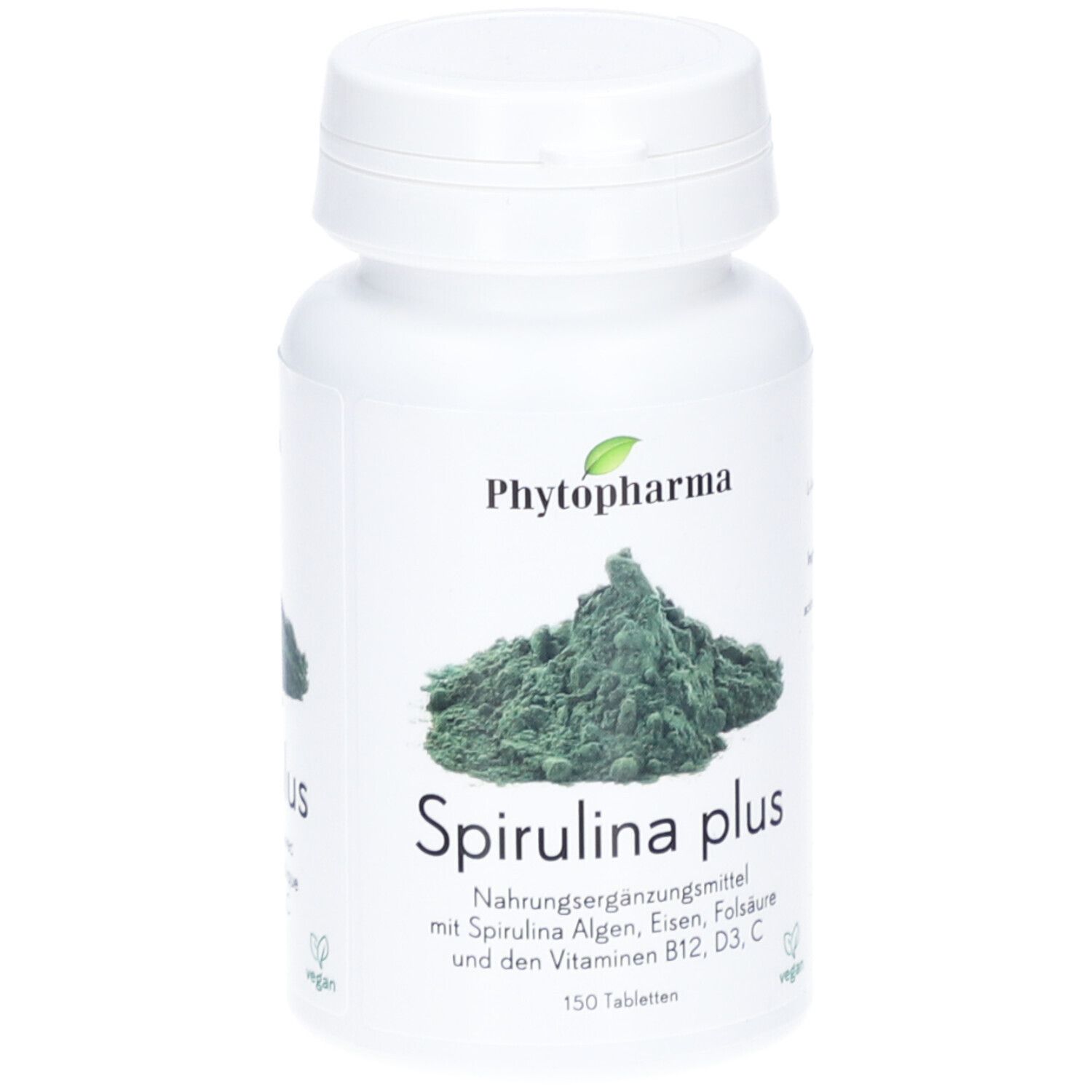 Weiße Flasche mit Spirulina plus. Aufschrift: Phyotpharma, Spirulina plus, 150 Tabletten, vegan.