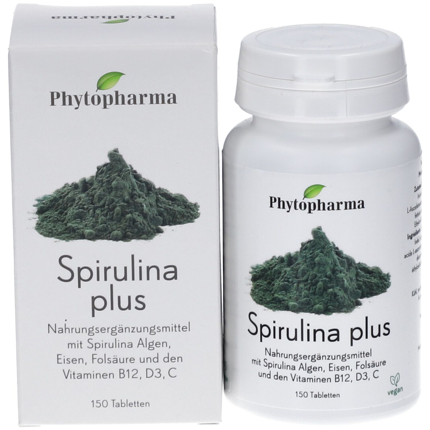 Produktverpackung und Flasche mit Spirulina plus. Aufschrift: Phyotpharma, Spirulina plus, 150 Tabletten, vegan.