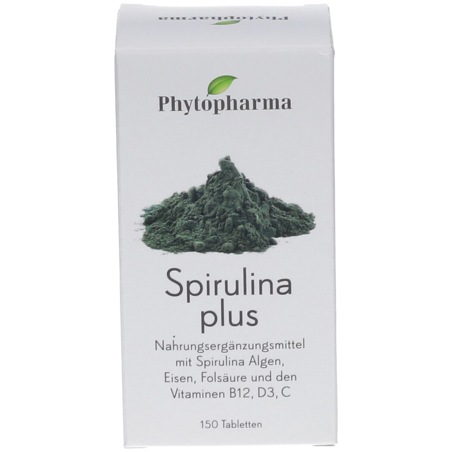 Produktverpackung mit Spirulina plus. Aufschrift: Phyotpharma, Spirulina plus, 150 Tabletten, vegan.