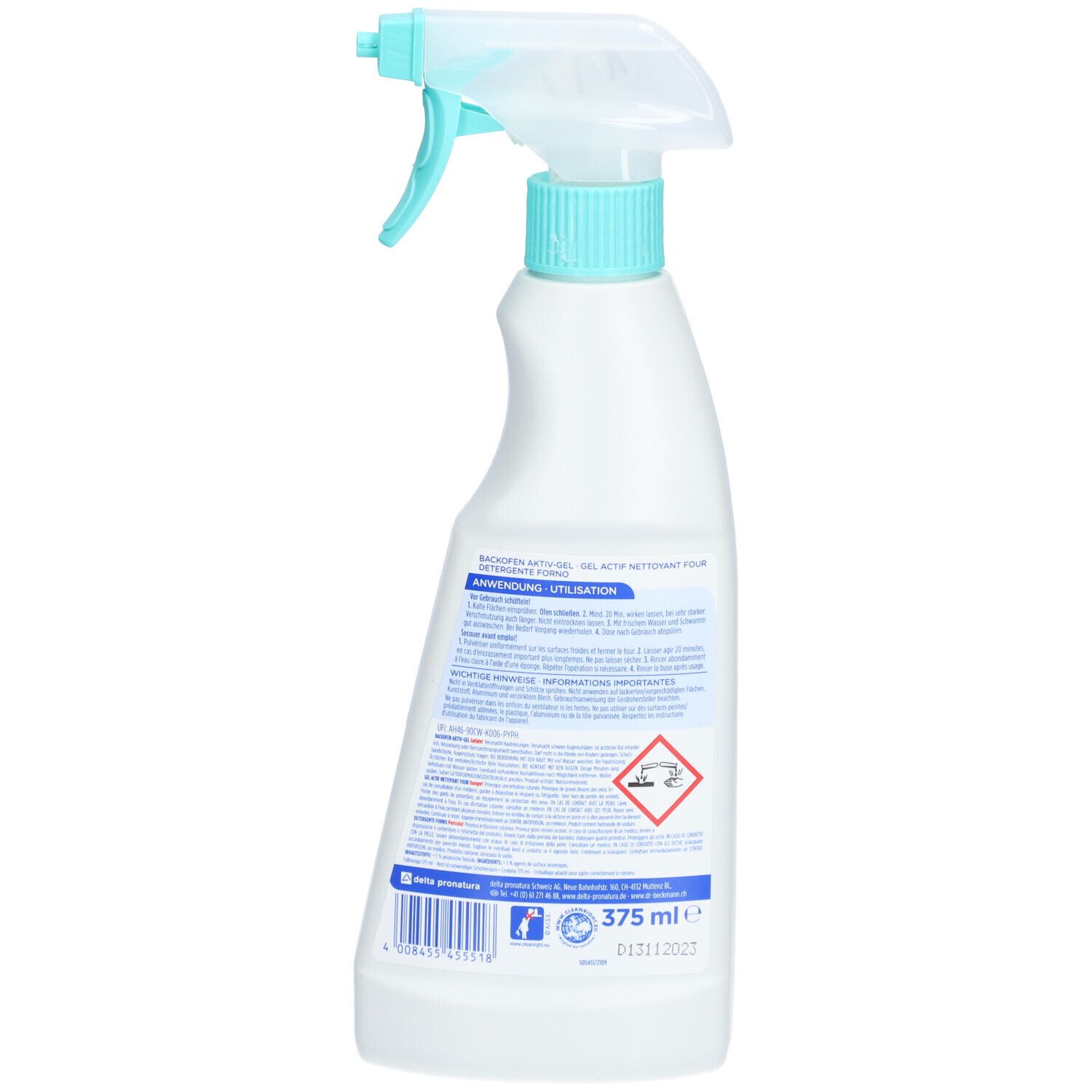 Rückseite der Reinigungsflasche. Beschriftung mit Anwendungshinweisen und Warnhinweisen. Volumenangabe: 375 ml.