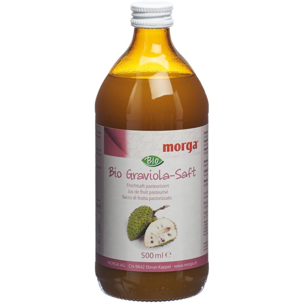 Braune Glasflasche mit weißem Deckel. Etikett mit Produktname, Graviola-Frucht und Bio-Siegel. Flüssigkeit sichtbar.
