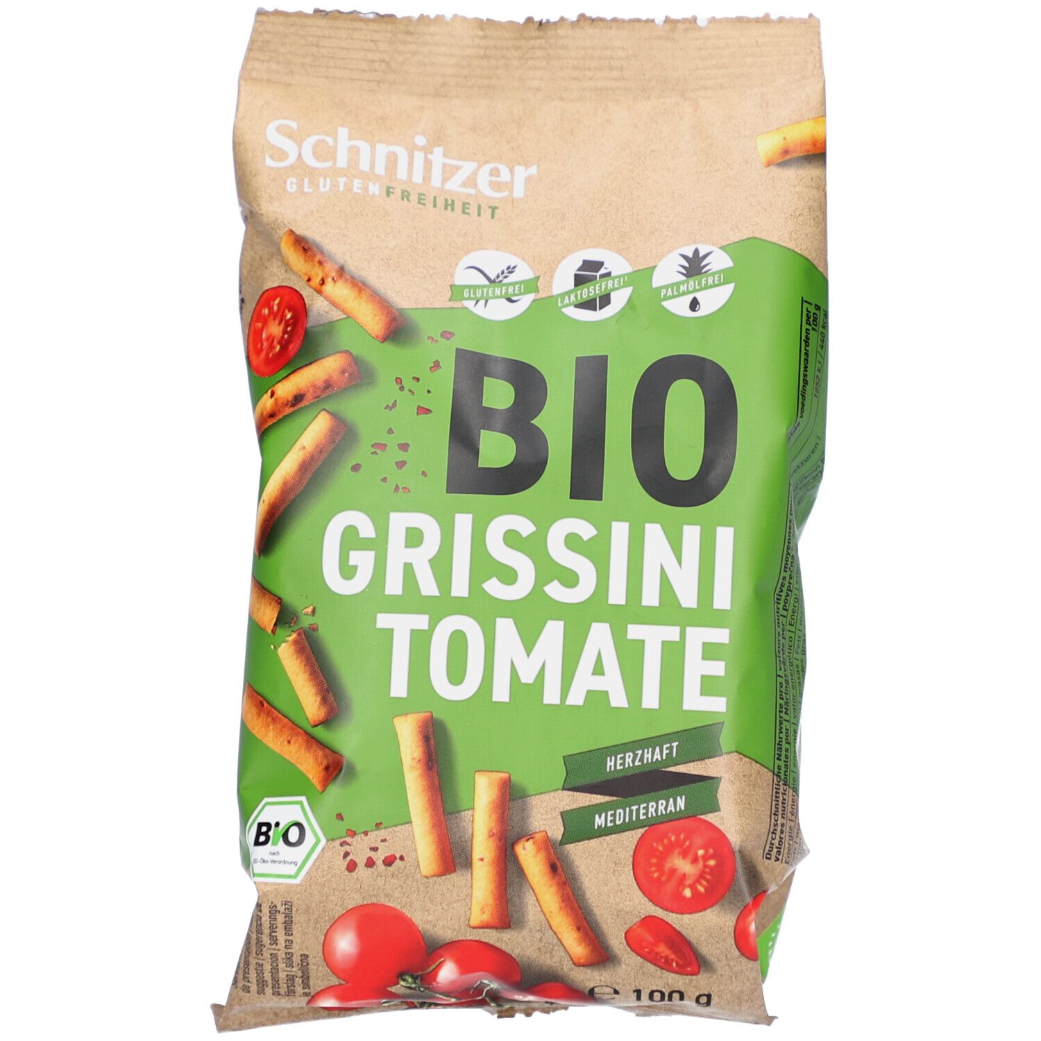 Verpackung mit glutenfreien Bio-Grissini Tomate. Aufdrucke: Schnitzer, BIO, glutenfrei, herzhaft, mediterran, Tomaten-Illustrationen.