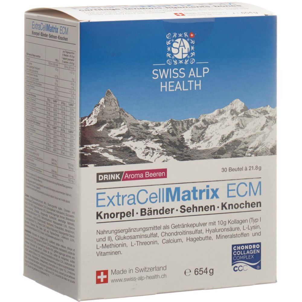 Verpackung von ExtraCellMatrix ECM. Enthält 30 Beutel. Marke: Swiss Alp Health. Mit Bergmotiv und Produktinformationen.