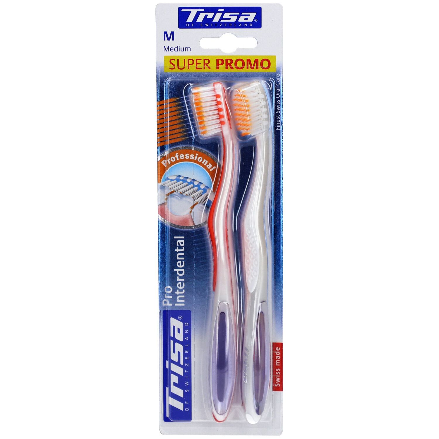 Zwei Zahnbürsten in Blisterverpackung. Weiße und rote Griffe, orangefarbene Borsten. "Trisa"-Logo.