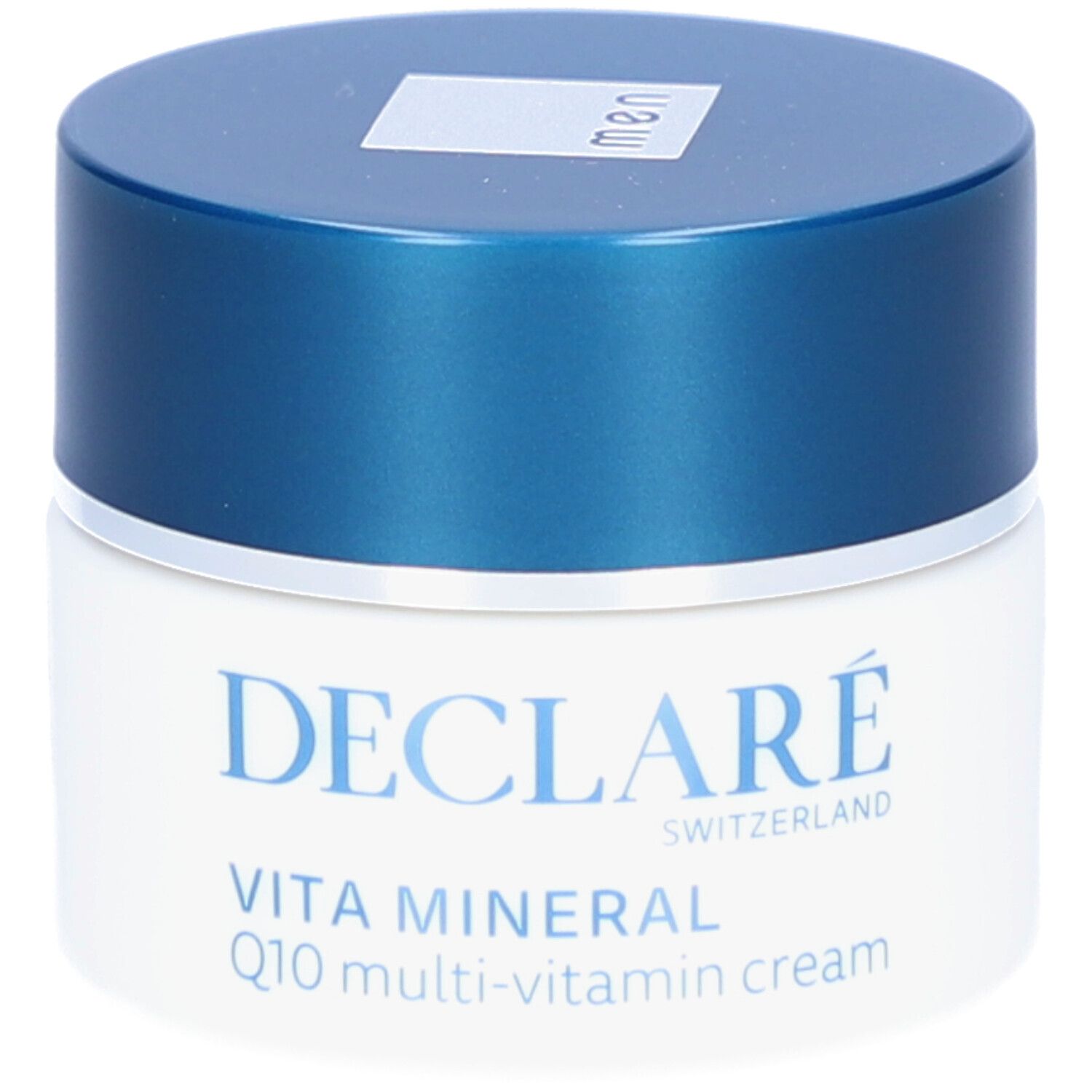 Creme-Tiegel mit blauem Deckel. Aufschrift: DECLARÉ, VITA MINERAL Q10 multi-vitamin cream. Für Männer.