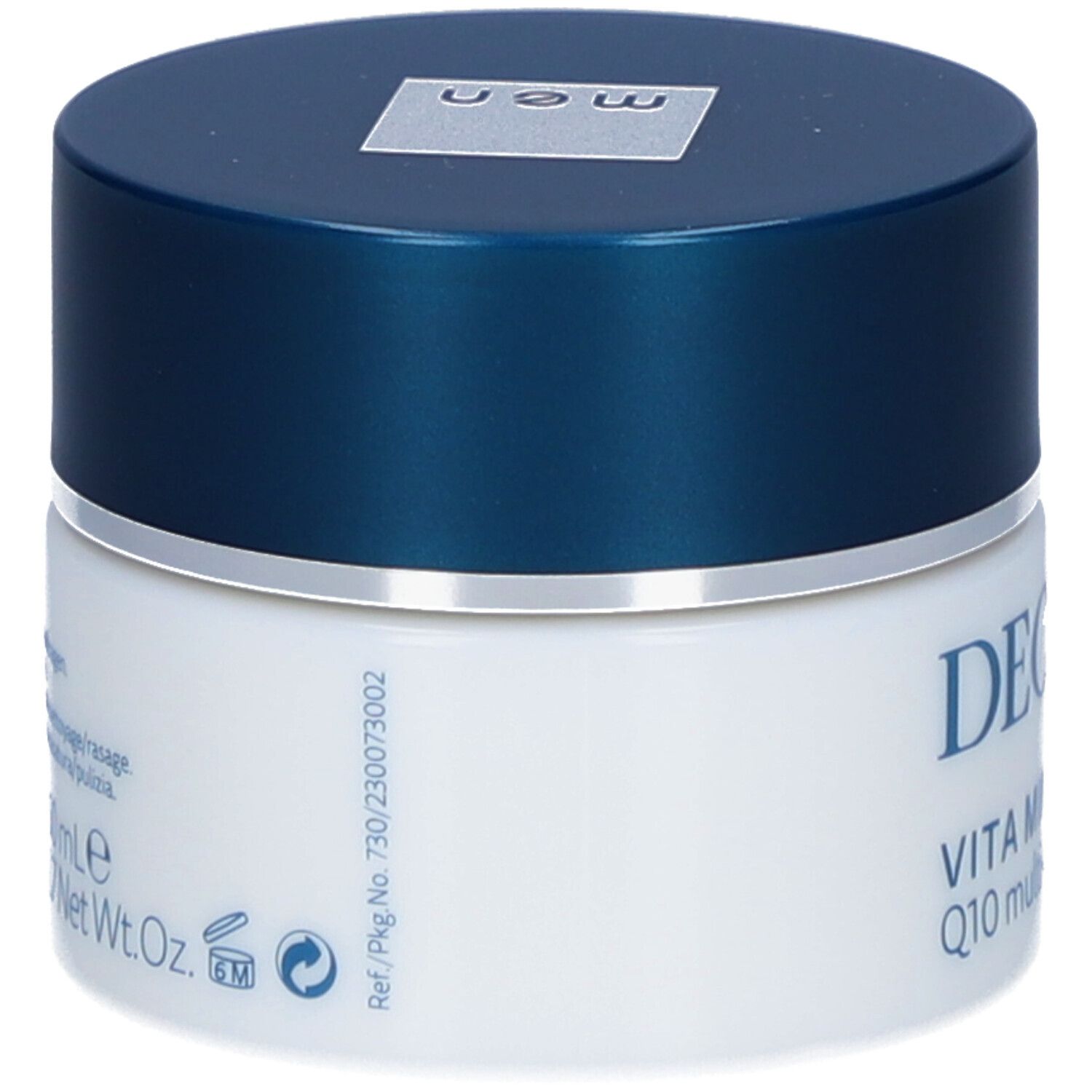 Creme-Tiegel mit blauem Deckel. Aufschrift: DECLARÉ, VITA MINERAL Q10 multi-vitamin cream. Rückseite mit Text.