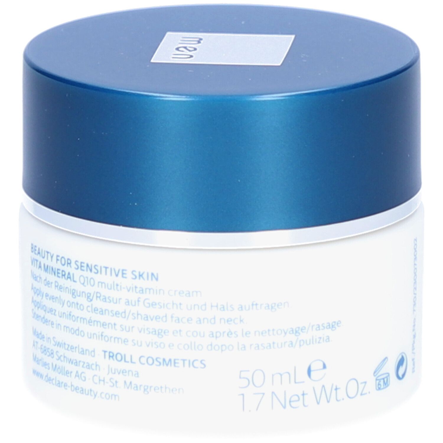 Creme-Tiegel mit blauem Deckel. Aufschrift: DECLARÉ, Vita Mineral Q10 multi-vitamin cream.