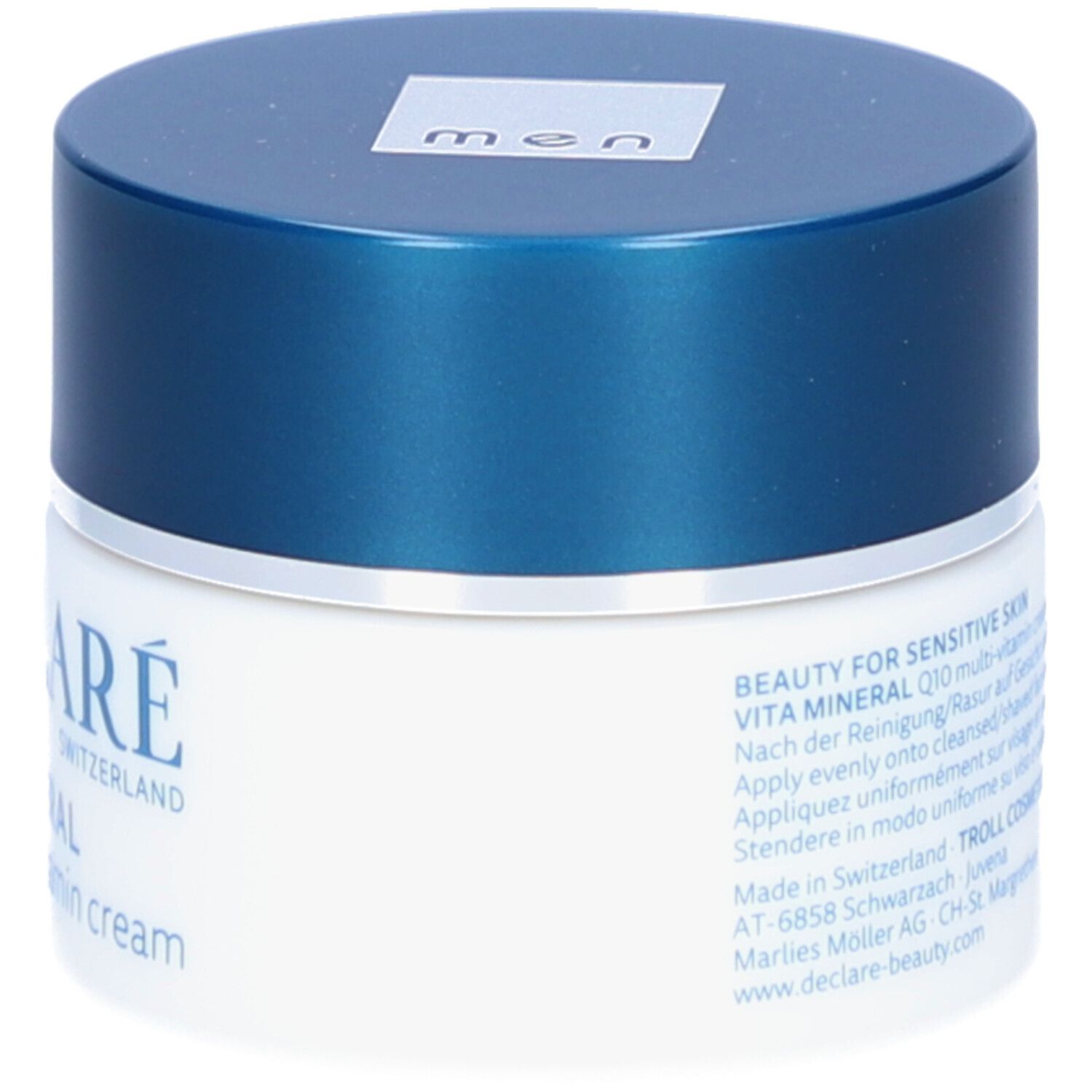 Creme-Tiegel mit blauem Deckel. Aufschrift: DECLARÉ, VITA MINERAL Q10 multi-vitamin cream. Für Männer.