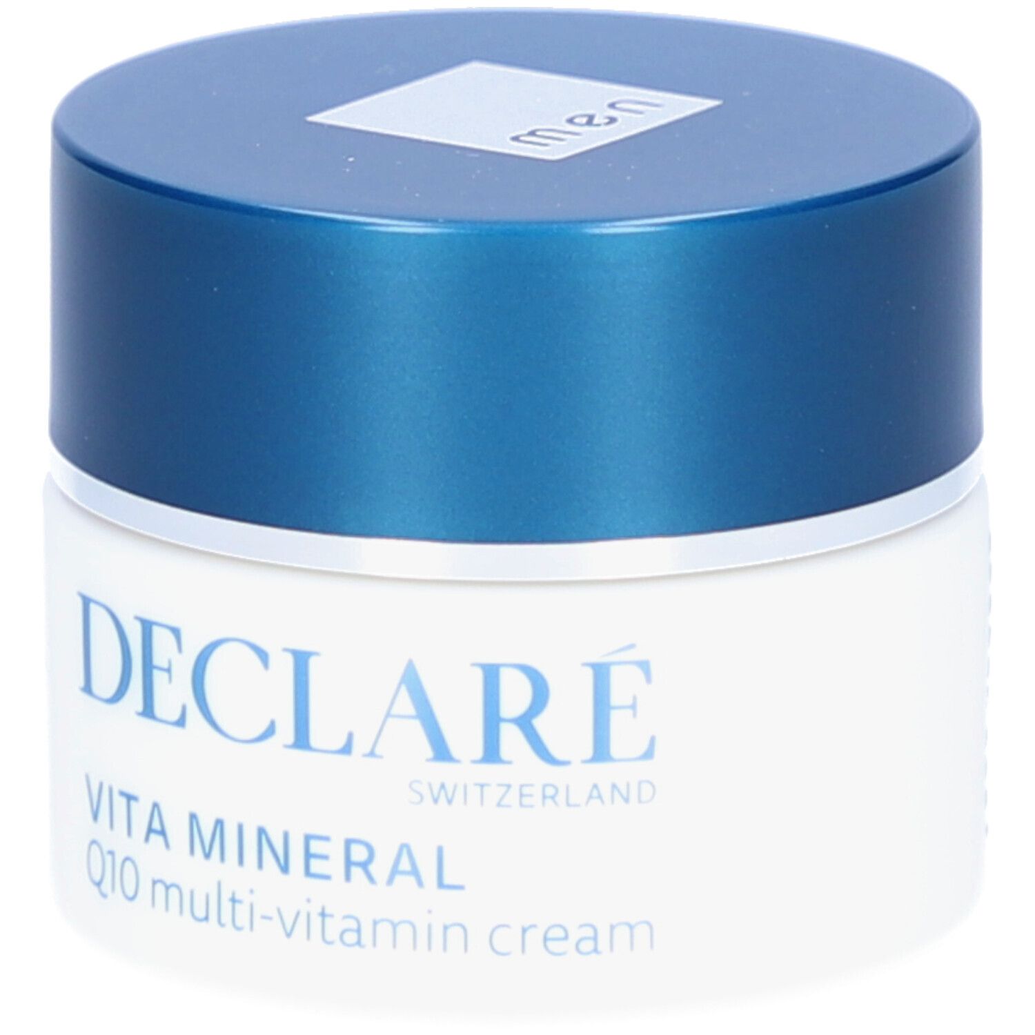Creme-Tiegel mit blauem Deckel. Aufschrift: DECLARÉ, VITA MINERAL Q10 multi-vitamin cream. Für Männer.