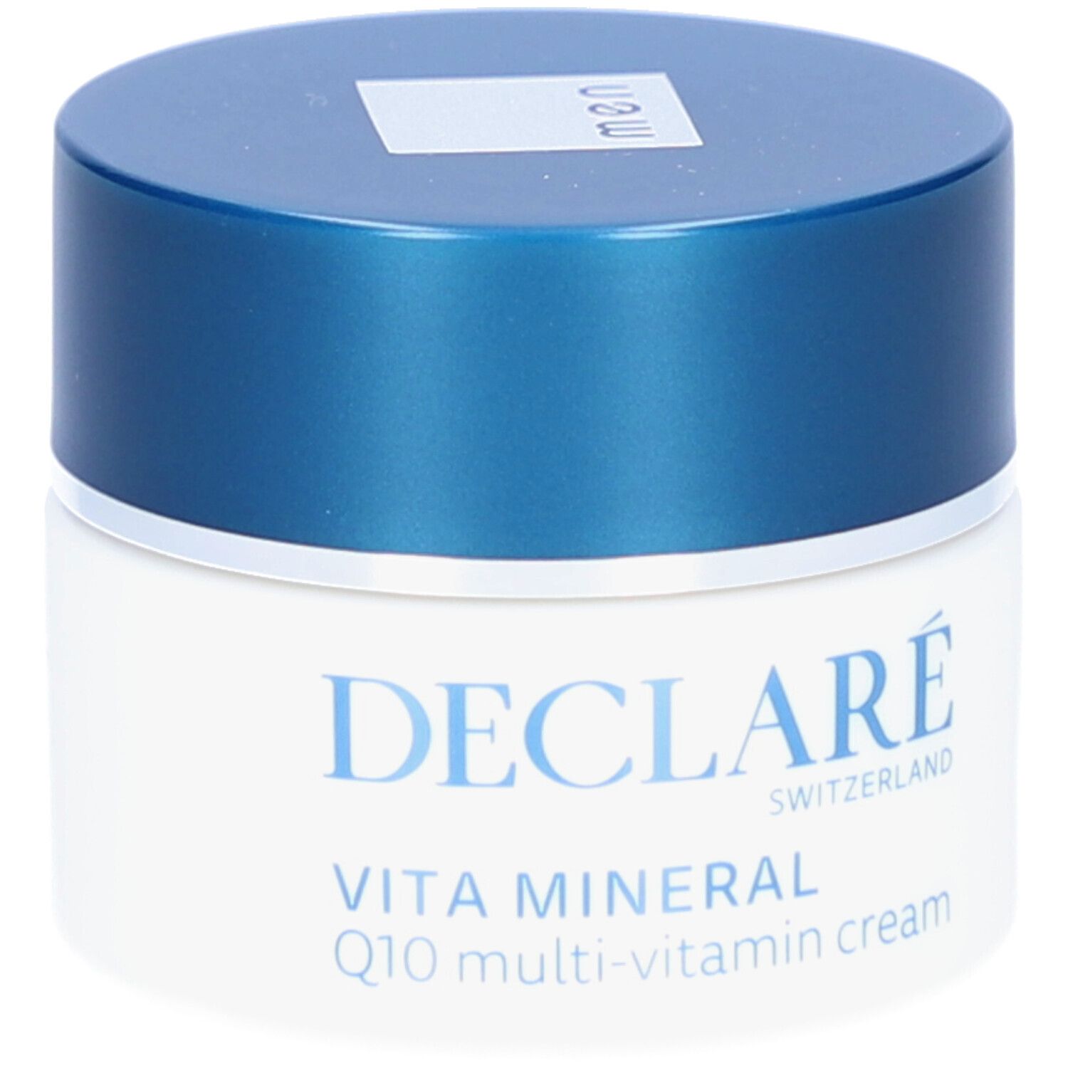 Creme-Tiegel mit blauem Deckel. Aufschrift: DECLARÉ, VITA MINERAL Q10 multi-vitamin cream. Für Männer.