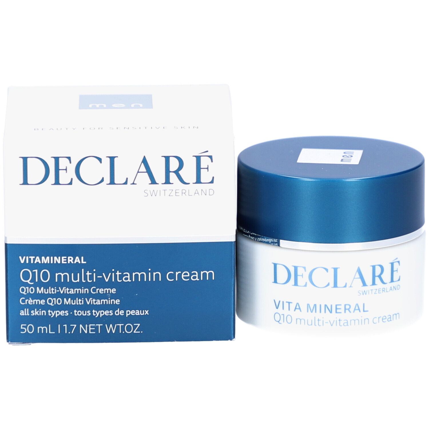Creme-Tiegel und Verpackung. Aufschrift: DECLARÉ, VITA MINERAL Q10 multi-vitamin cream. 50 ml.