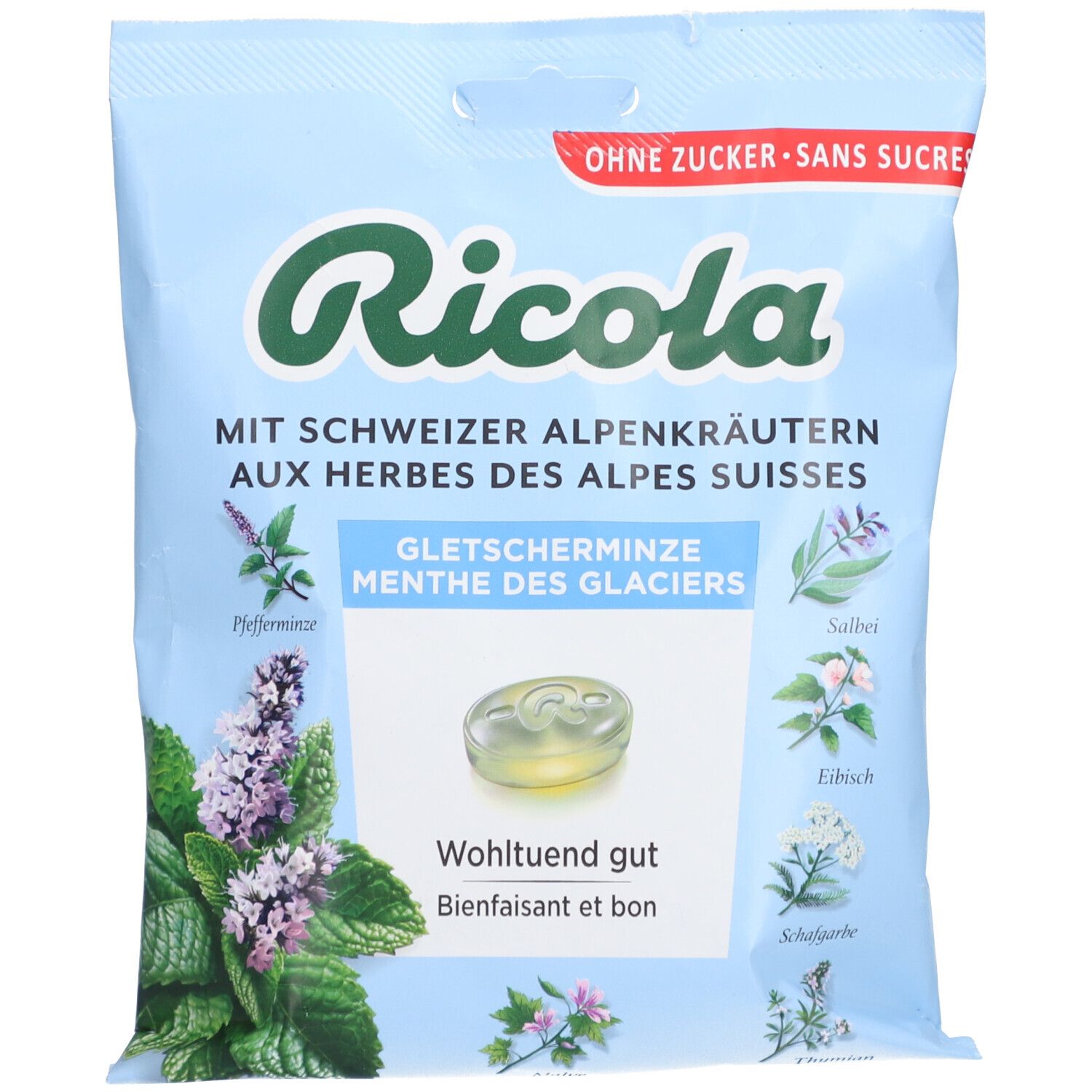 Hellblaue Tüte mit Ricola-Logo und Alpenkräutern. Gletscherminze-Bonbons, ohne Zucker. Abbildung von Pfefferminze und Salbei.