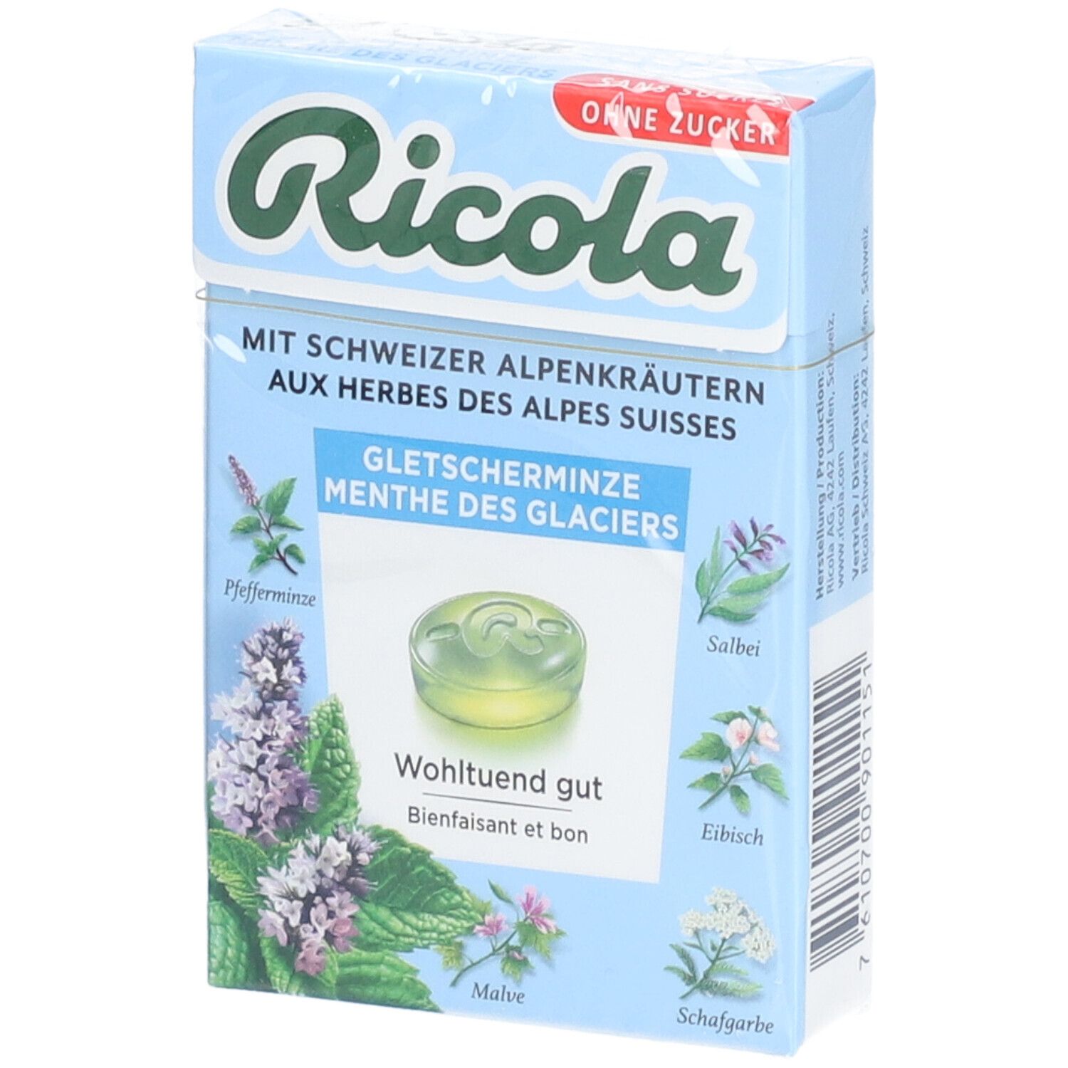 Hellblaue Schachtel mit Ricola-Logo und Gletscherminz-Bonbons. Ohne Zucker. Kräuterabbildungen.