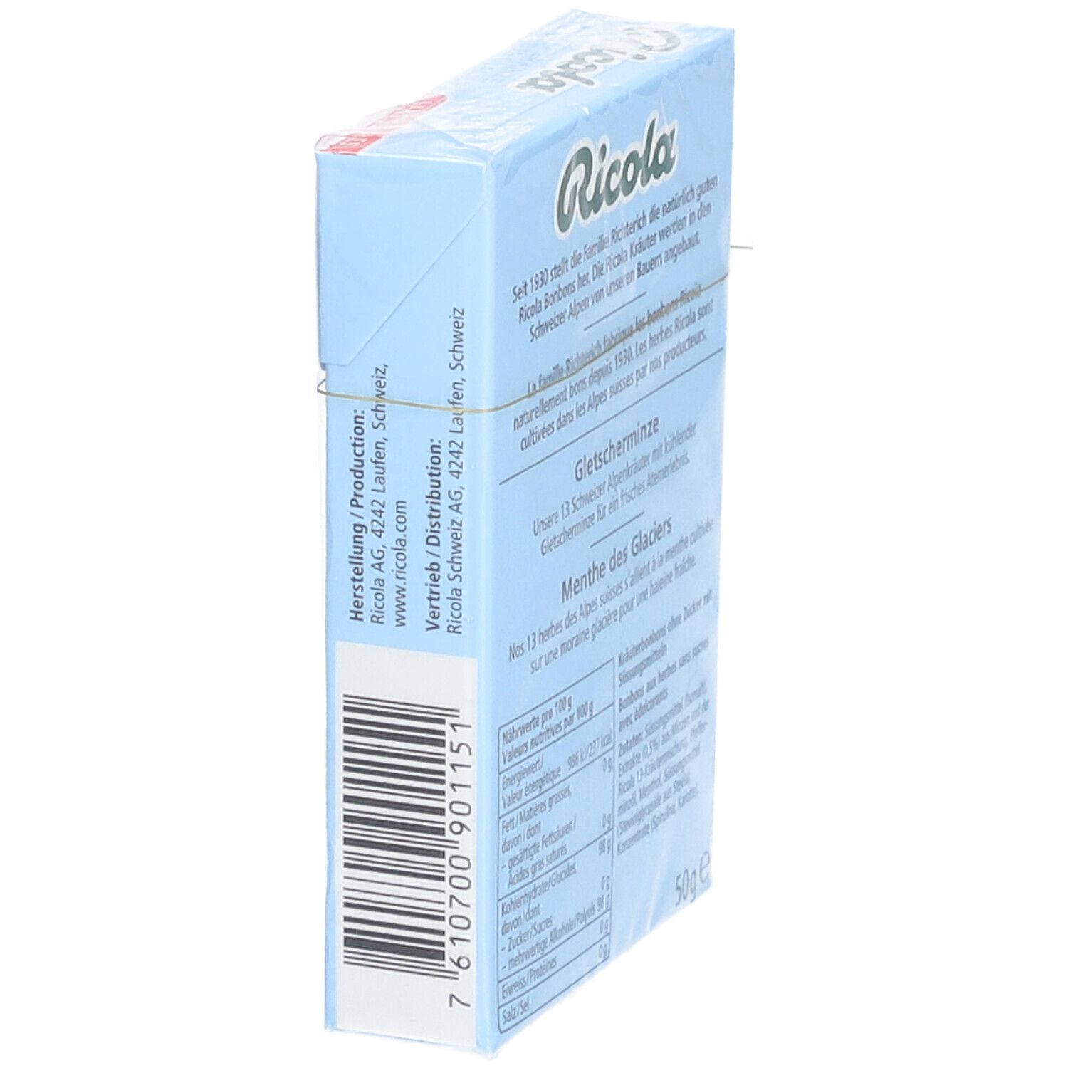 Rückseite der hellblauen Ricola-Schachtel. Barcode und Nährwertangaben. 50g.