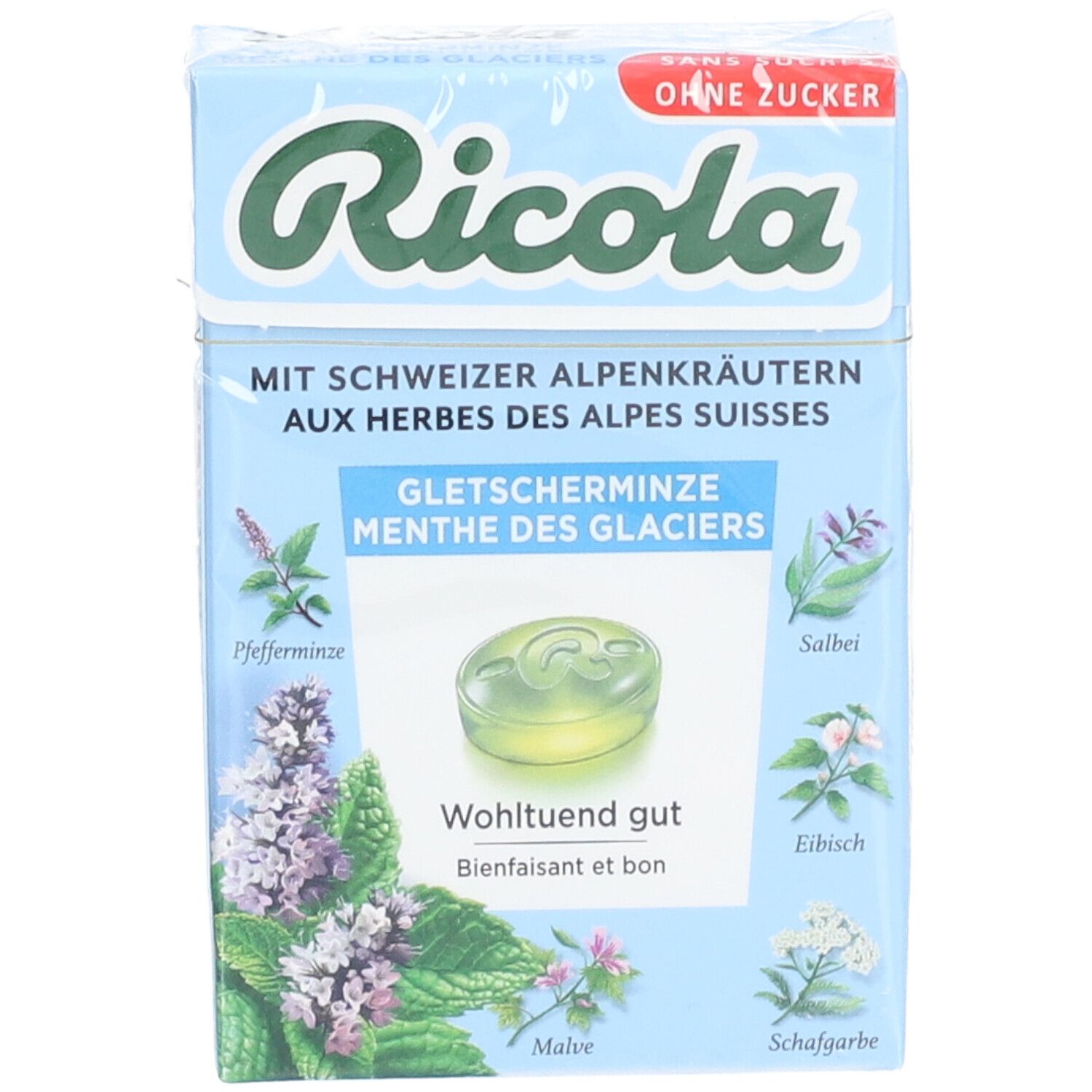 Hellblaue Schachtel mit Ricola-Logo und Gletscherminz-Bonbons. Ohne Zucker. Kräuterabbildungen.