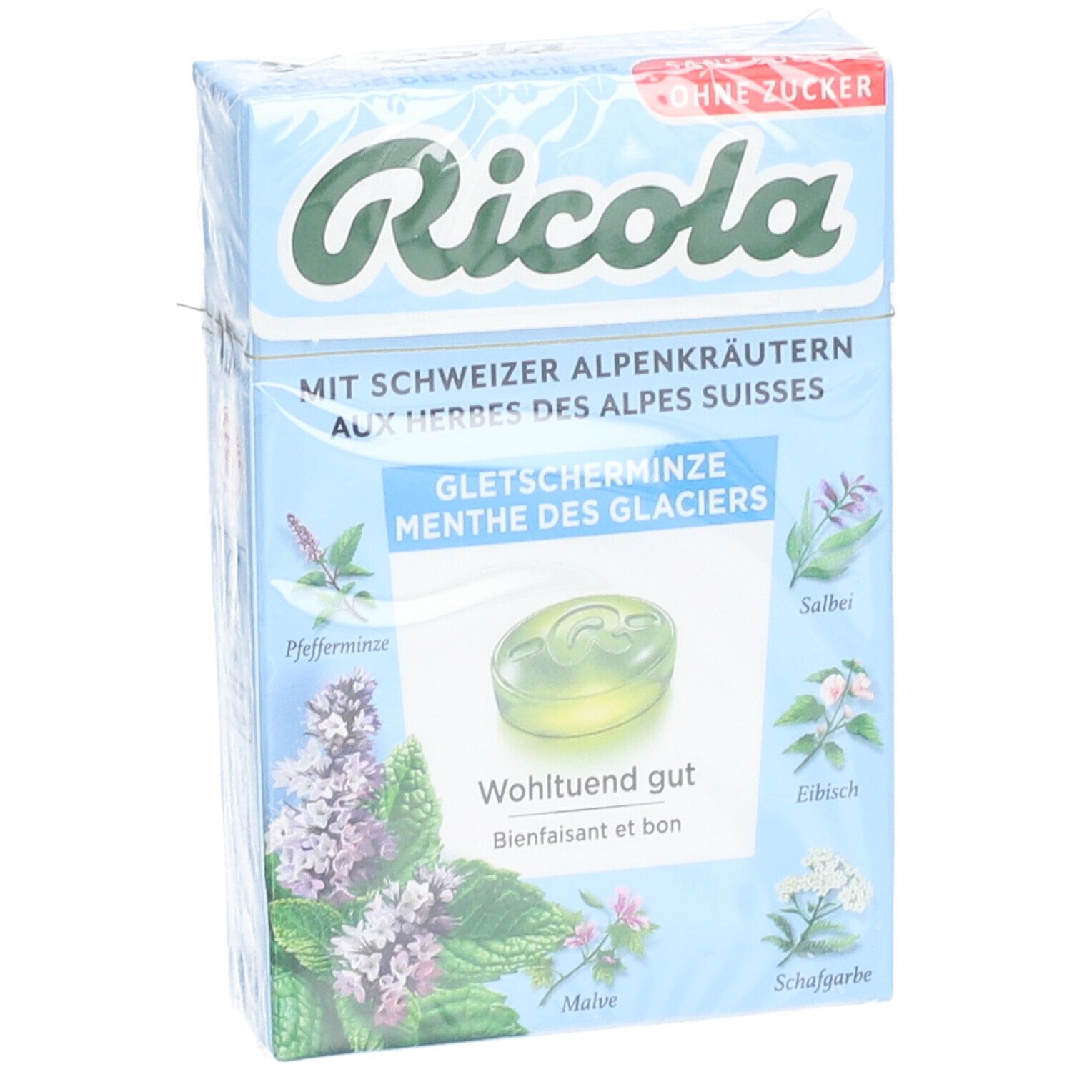 Hellblaue Schachtel mit Ricola-Logo und Gletscherminz-Bonbons. Ohne Zucker. Kräuterabbildungen.