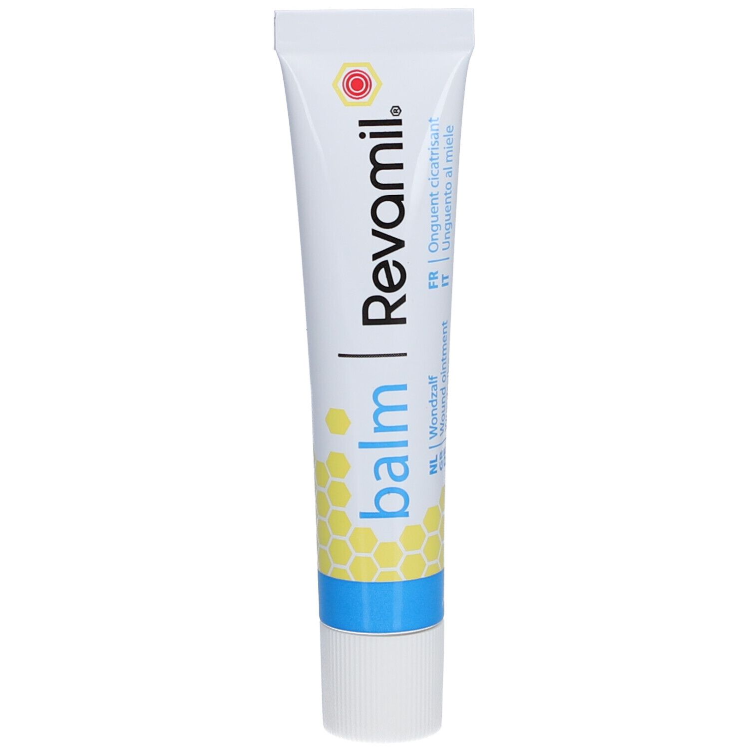 Tube blanc et bleu avec nom du produit et motif en nid d'abeille. Contient du texte en plusieurs langues.