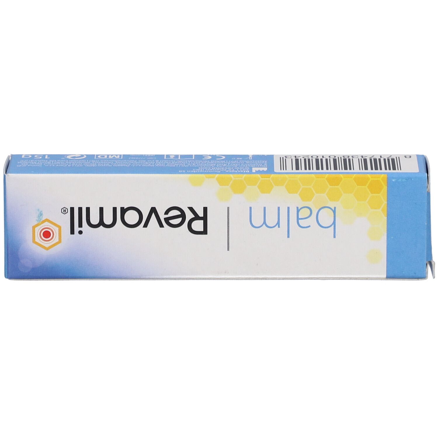 Emballage avec nom du produit et motif en nid d'abeille. Contient du texte et des logos.