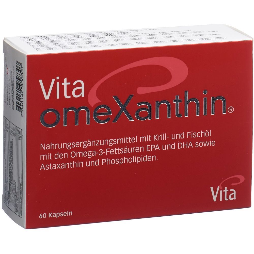 Rote Verpackung von Vita Omexanthin. Enthält 60 Kapseln. Schriftzug: Nahrungsergänzungsmittel mit Krill- und Fischöl.