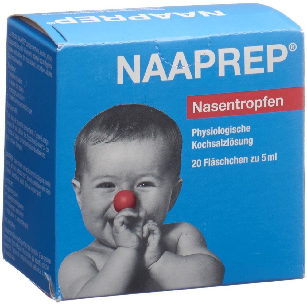 Blau-weiße Schachtel mit "NAAPREP Nasentropfen". Baby mit roter Nase. Text: Physiologische Kochsalzlösung, 20 Fläschchen.