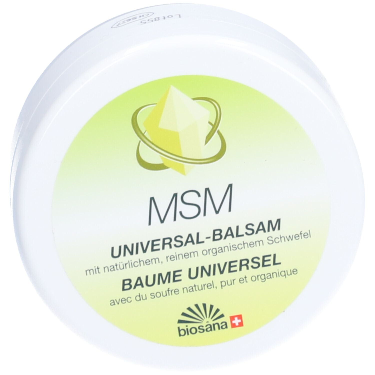 Ronde, witte pot met groen etiket. Tekst: MSM Universalbalsam, Baume Universel. Logo: gele kristal met cirkels. Merk: biosana.