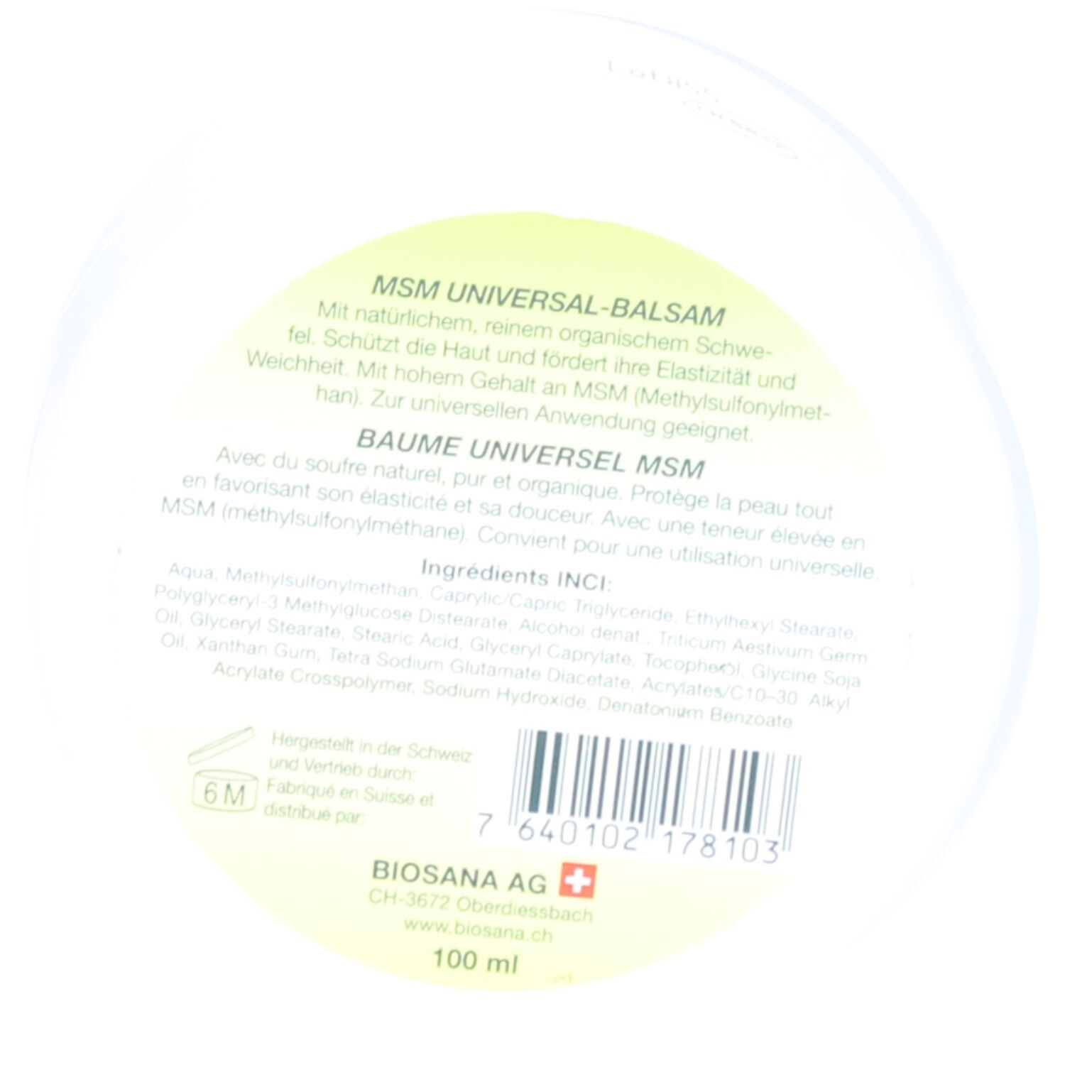 Witte pot met tekst op groen etiket. Tekst: MSM Universalbalsam, Baume Universel. Ingrediënten. Streepjescode. Merk: biosana. Volume: 100 ml.